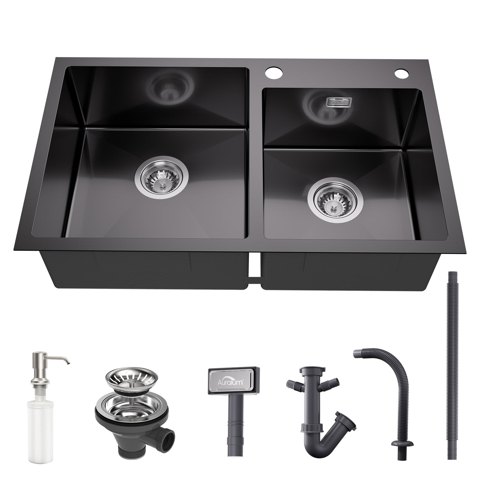 AuraLum Max Évier à Encastré/à Poser 2 Bacs avec Distrubuteur de savon/Ensemble de drainage,Évier 75x45x19cm Inoxydable pour Cuisine,Noir,EU Modèle - 8