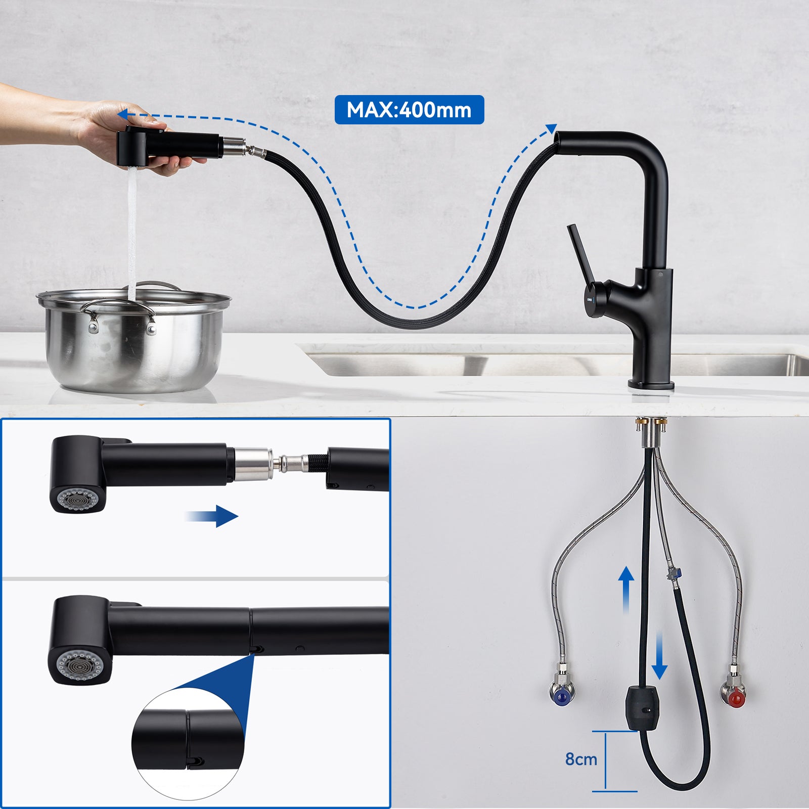Cecipa max Robinet de Cuisine avec Douchette Extractible, Mitigeur Cuisine en Inox, Robinet d'évier Rotation à 360° - 8