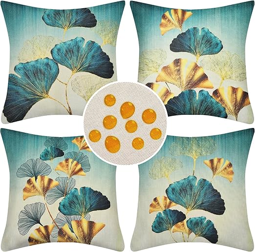 Zestaw 4 wodoodpornych lnianych poszewek na poduszki Sarc Ginkgo Biloba, nowoczesna dekoracyjna poszewka na poduszkę z nadrukiem liści 45x45 cm do uży