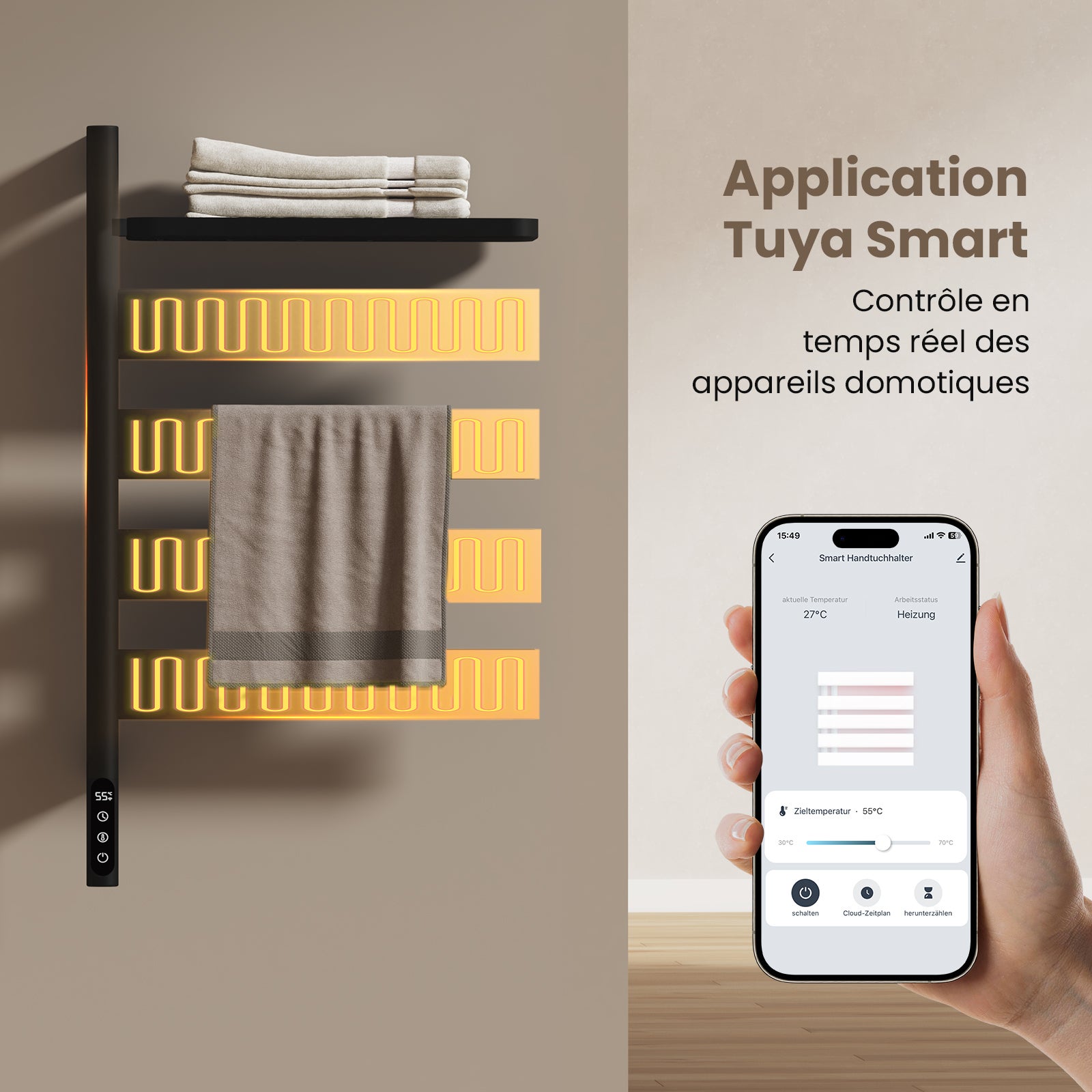 EMKE Sèche-serviettes Électrique Pivotant 180° avec Étagère - WiFi & Vocal - 76 x 45 cm, 120 W, Noir Mat - 6