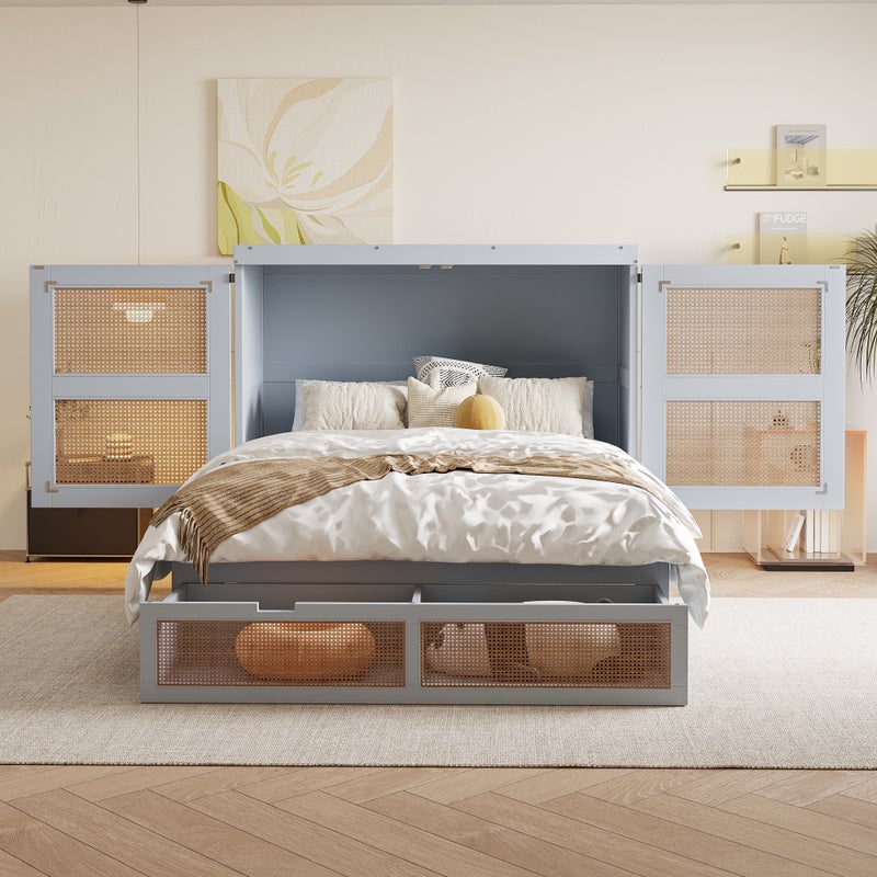 Łóżko chowane 140x200cm - z szufladami - lite drewno - podstawa z listew - szary (materac nie wchodzi w skład zestawu)