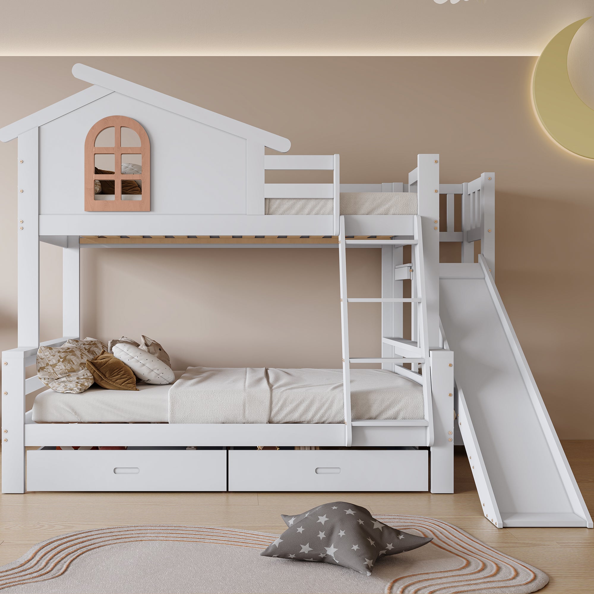 Łóżka piętrowe 90 x 200 cm + 120 x 200 cm z 2 szufladami i prowadnicą - Sosna + MDF - Białe (Bez materaca)