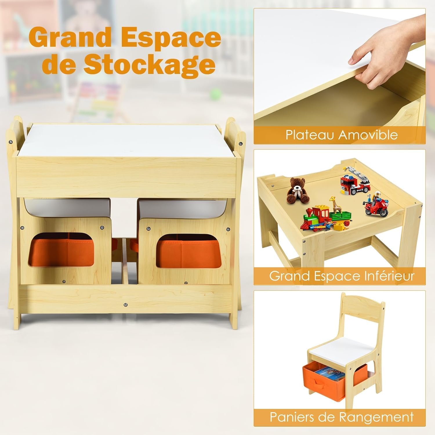 Ensemble Table et Chaises Enfant, Table Transformable 3-en-1 Multifonctionnel à Double Face, 2 Chaise avec Tiroir de Rangement, Naturel - 3