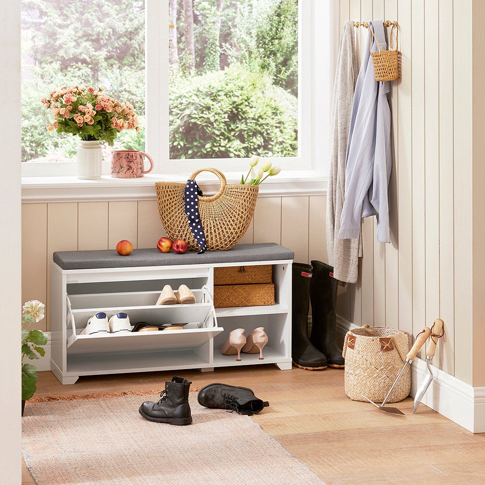 SoBuy Scarpiera con cuscino Panca con 2 vani portaoggetti Scarpiera salvaspazio Slim, portascarpe salvaspazio Regolabili 90x24x49 cm FSR119-W - 7