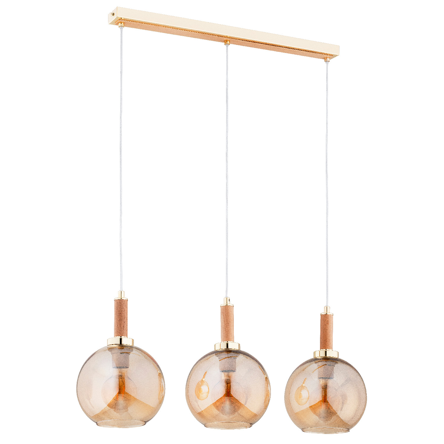Lampa wisząca Hetty złoto-jasne drewno-bursztynowy 3xE27x15W nowoczesna wym: 90 x 25 x 8 cm szkło Alfa
