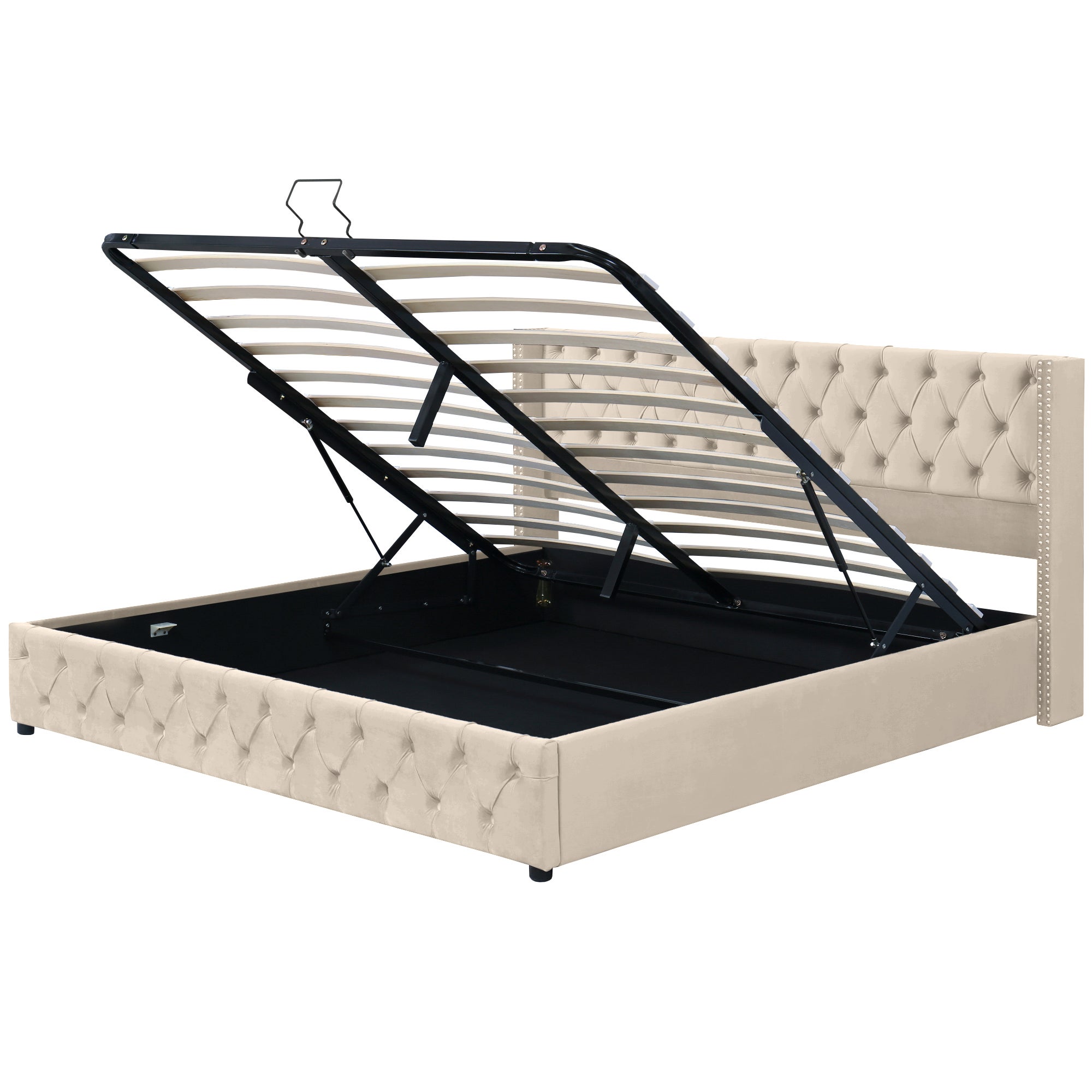 Cama de arrumação 160 x 200 cm, cama de casal estofada em veludo, decoração com rebites e botões, base de ripas, estilo Chesterfield, bege - 6