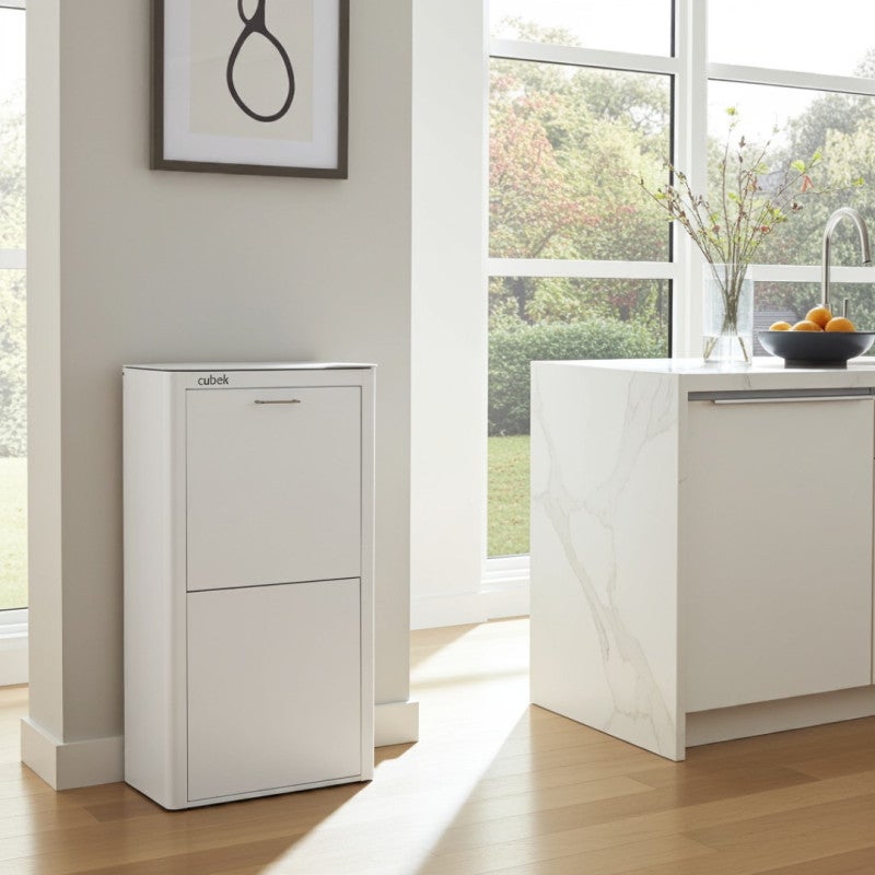 Armadietto Portarifiuti 4 Scomparti Con 4 Bidoni Da 15L – Sistema Raccolta Differenziata Moderno, Bianco, Da Terra O Parete