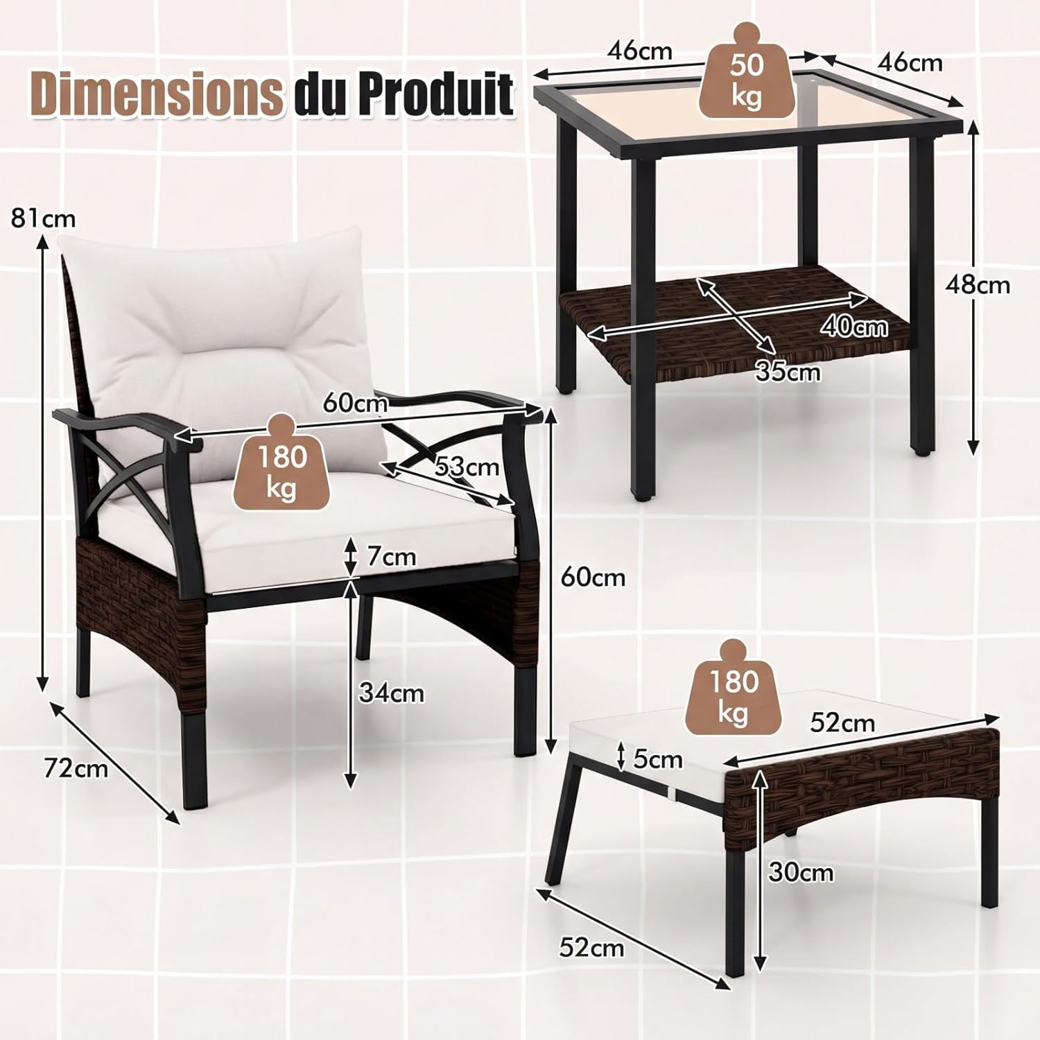 GIANTEX Conjunto Móveis Pátio 5 Peças em Rattan, 2 Cadeiras 2 Pufs e 1 Mesa Baixa Tampa Vidro Temperado Almofadas, para Pátio Quintal, Bege - 5