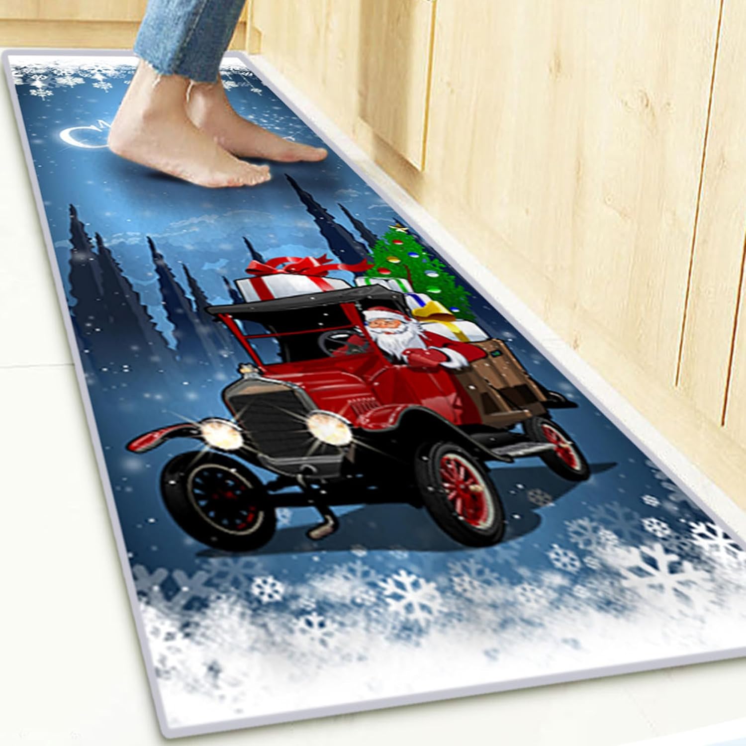 1 Niebieska mata podłogowa (50*120 cm) Święty Mikołaj, dekoracyjna wycieraczka na Wigilię, odpowiednia do sypialni, drzwi, kuchni, balkonu (styl 2)