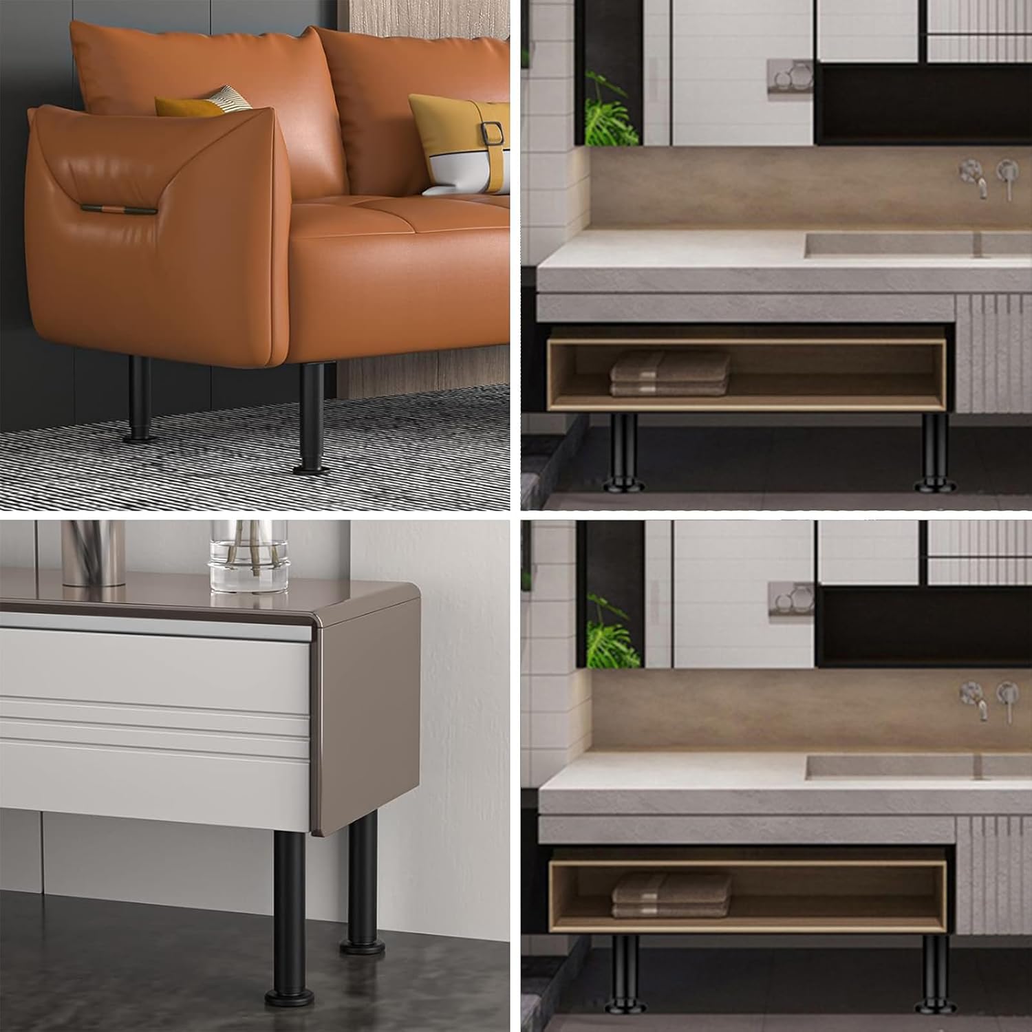 4 pcs Pied Reglable pour Meuble, 25-42 cm Adjustable Pieds de Lit, Steel Pied Meuble Salle de Bain,Rubber Base and Fittings, Noir - 4