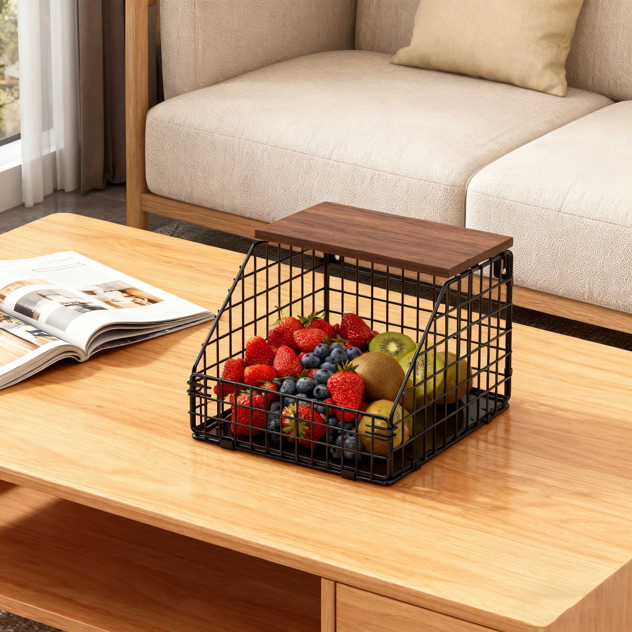 Cesti frutta impilabili con coperchio in legno, cesto a muro con 2 ganci per cucina, organizzatore salvaspazio per il banco cucina - 4