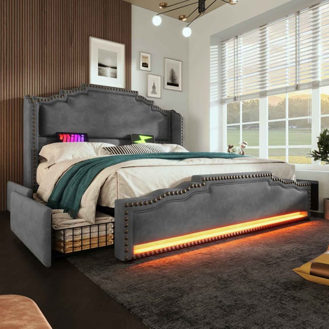Letto Capitonné LED 140x190 con Contenitore Idraulico e Cassetti 2-in-1, Sommier a Doghe, Velluto Grigio | Leroy Merlin Letto Capitonné LED 140x190 con Contenitore Idraulico e Cassetti 2-in-1, Sommier a Doghe, Velluto Grigio | Leroy Merlin
