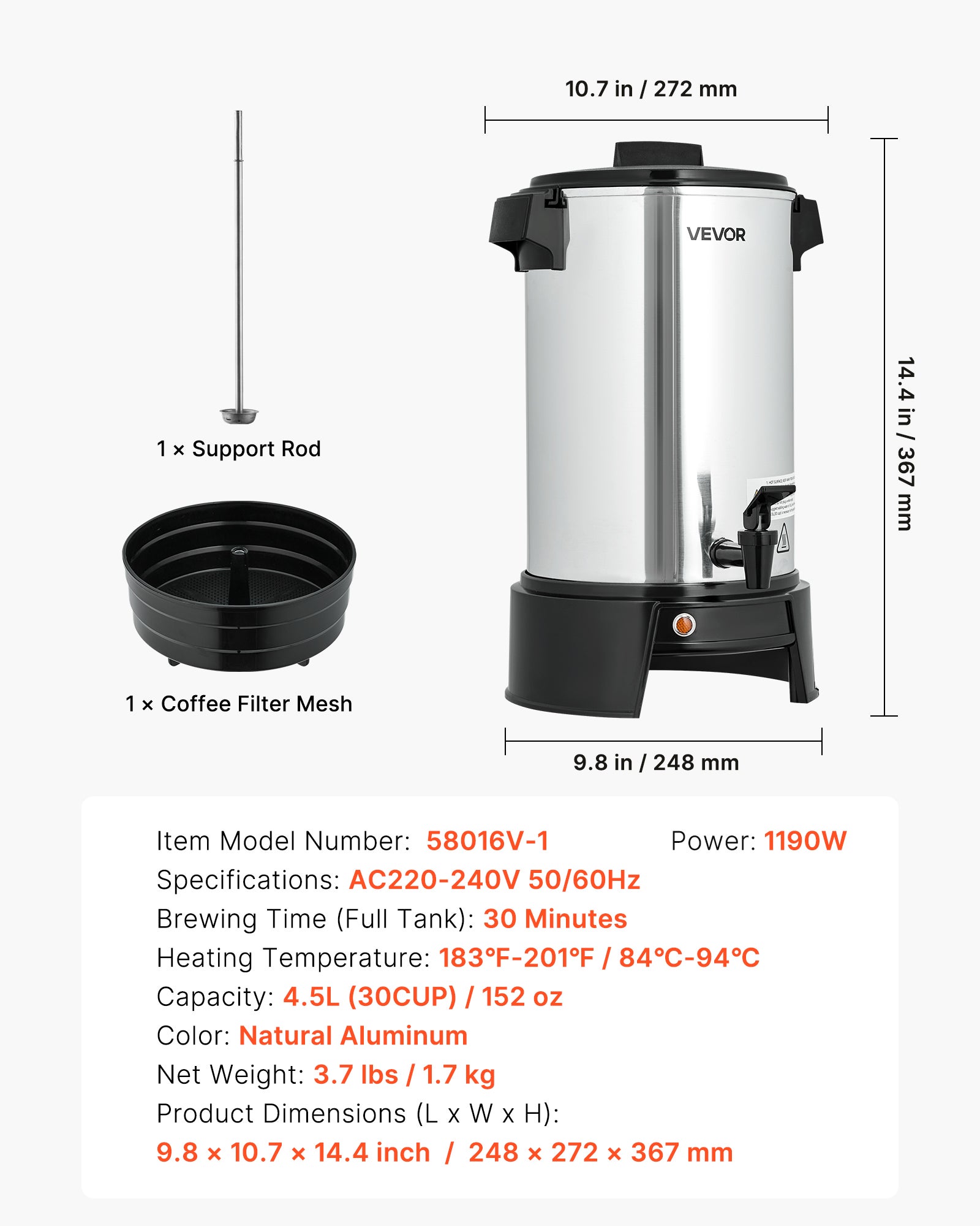 Percolateur Café VEVOR 4,5 L 30 Tasses, avec Robinet Anti-goutte, Infusion Rapide, Contrôle Automatique de la Température, pour Restauration Bar Café - 7