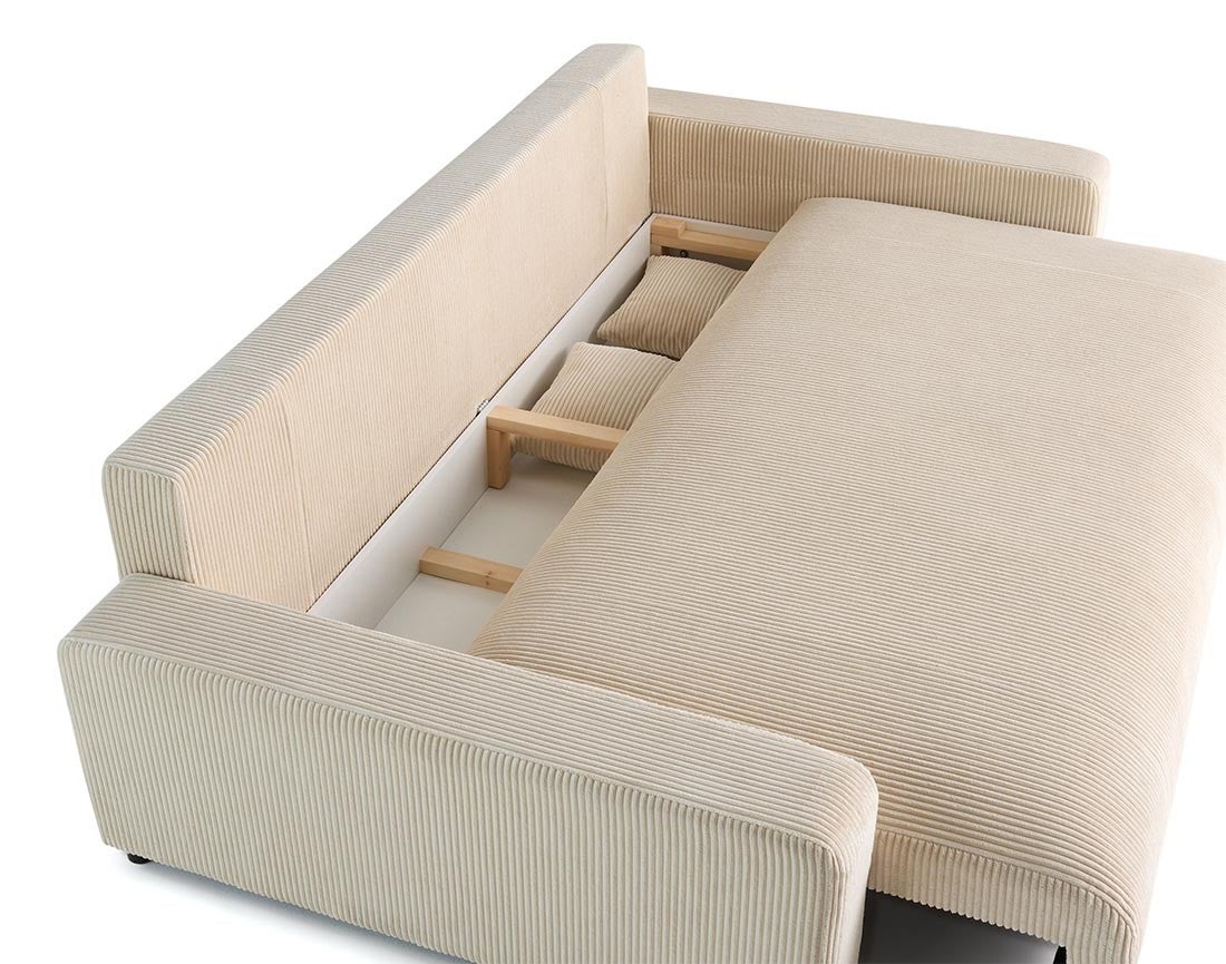 Canapé droit convertible 3 places avec coffre en velours côtelé beige - PIVOINE - Best Mobilier - 3