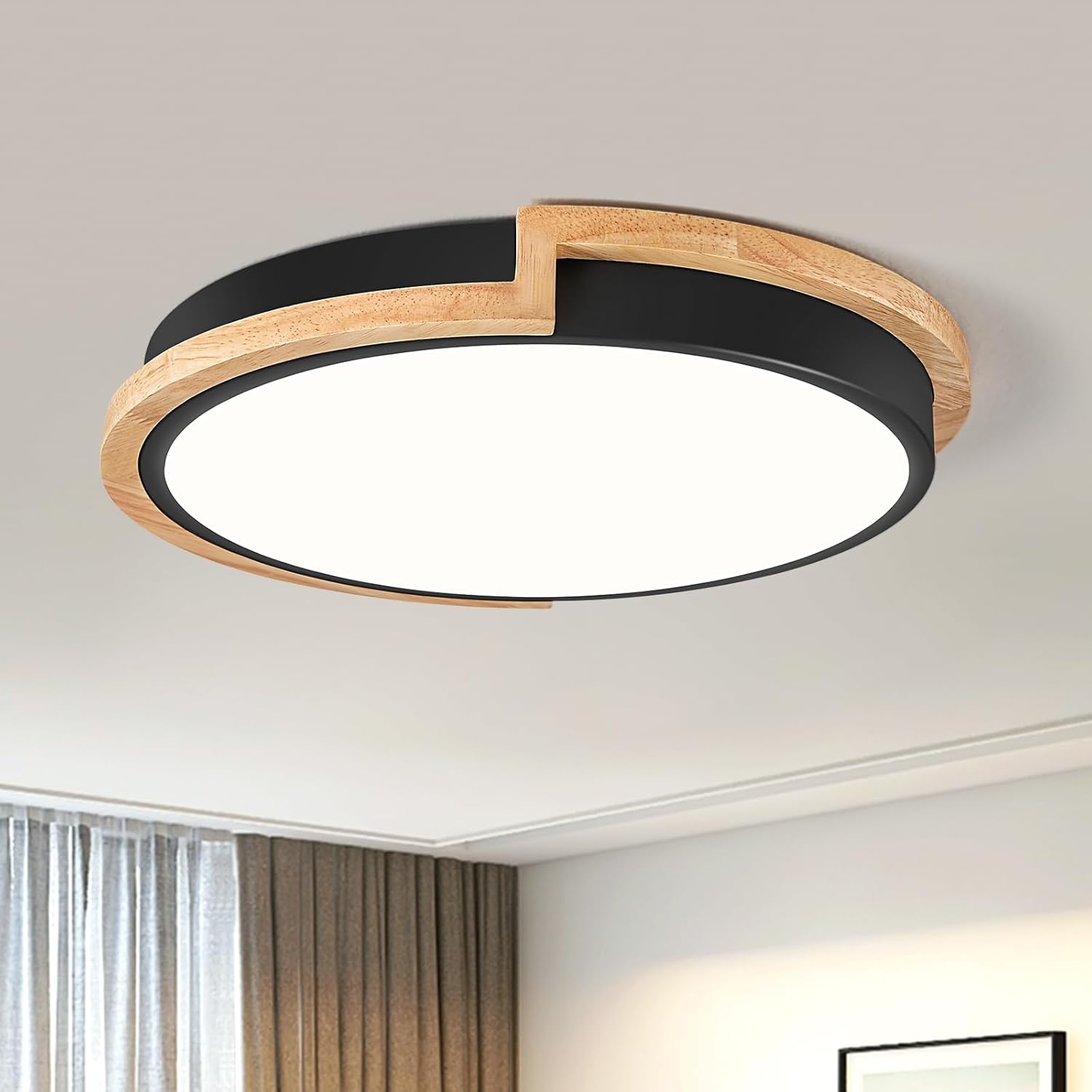 Lampa sufitowa LED, okrągła, drewniana lampa sufitowa, temperatura barwowa 3000K-6000K, odpowiednia do salonu i sypialni (czarna, 30 cm)