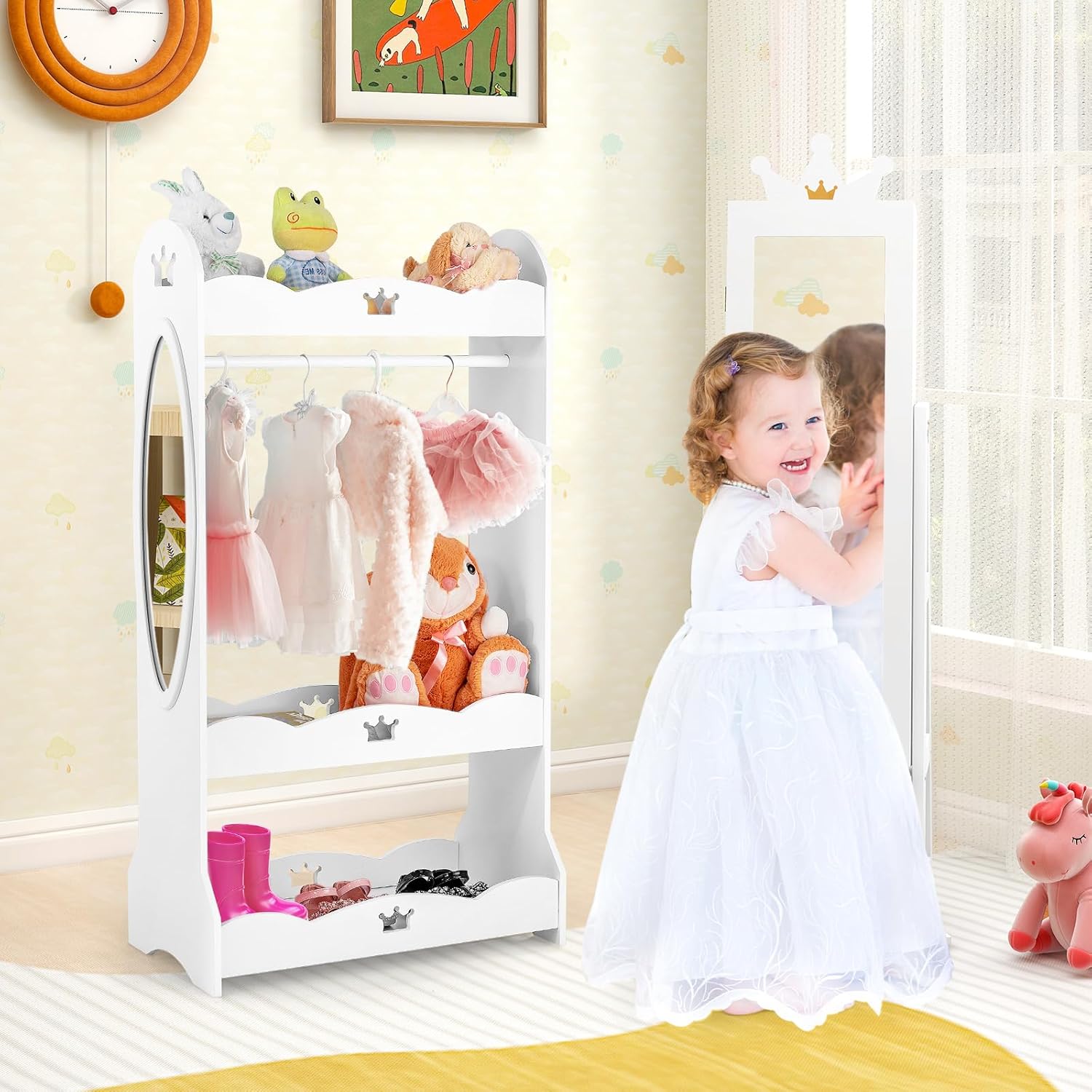 Armadietto Portagioie Bambini COSTWAY 119cm - Specchio Corona Con Ganci E Ripiani