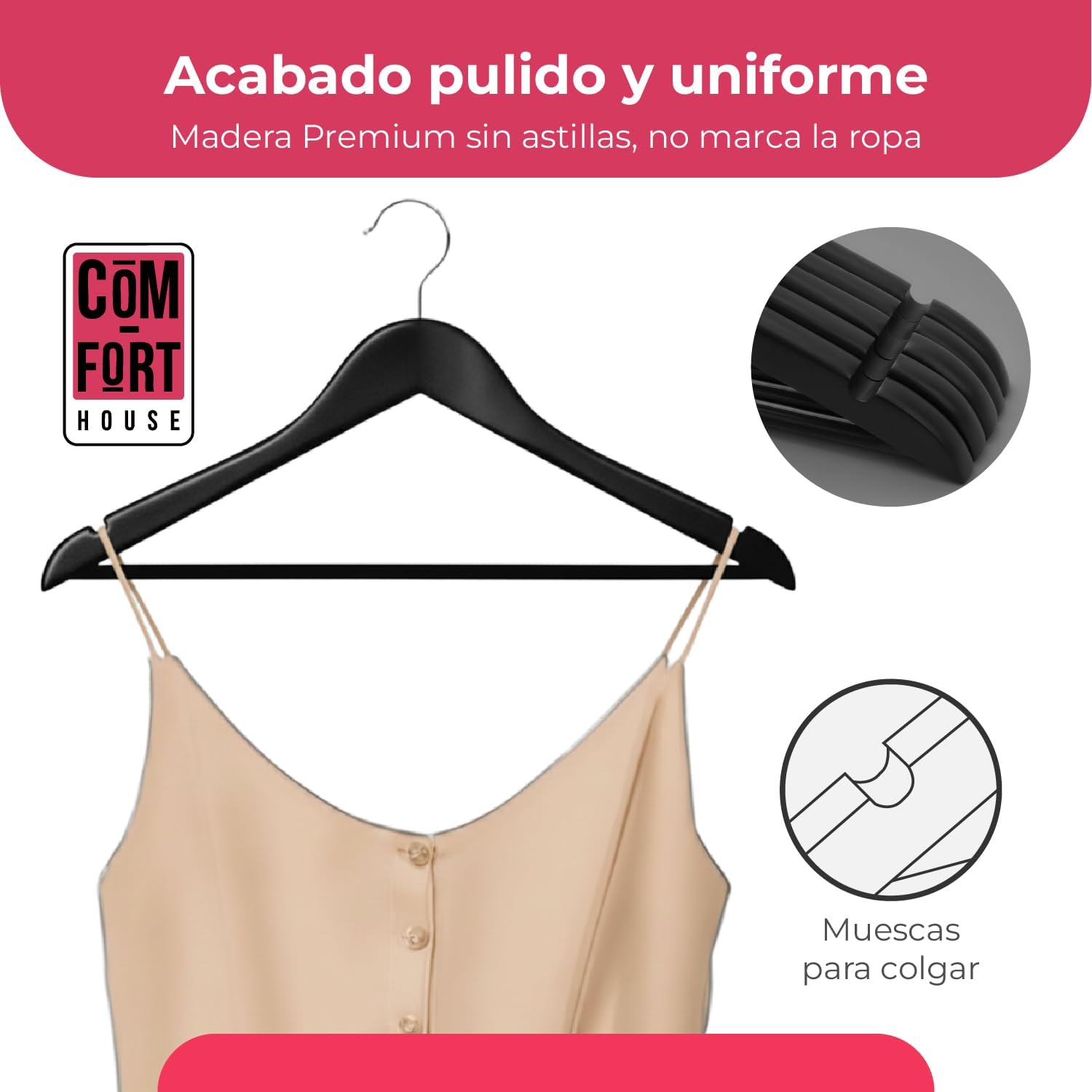 Pack de 40 Perchas de Madera Maciza color negro con Gancho Giratorio 360° y Muescas Antideslizantes - con Barra para Pantalones - Alta Resistencia - 3