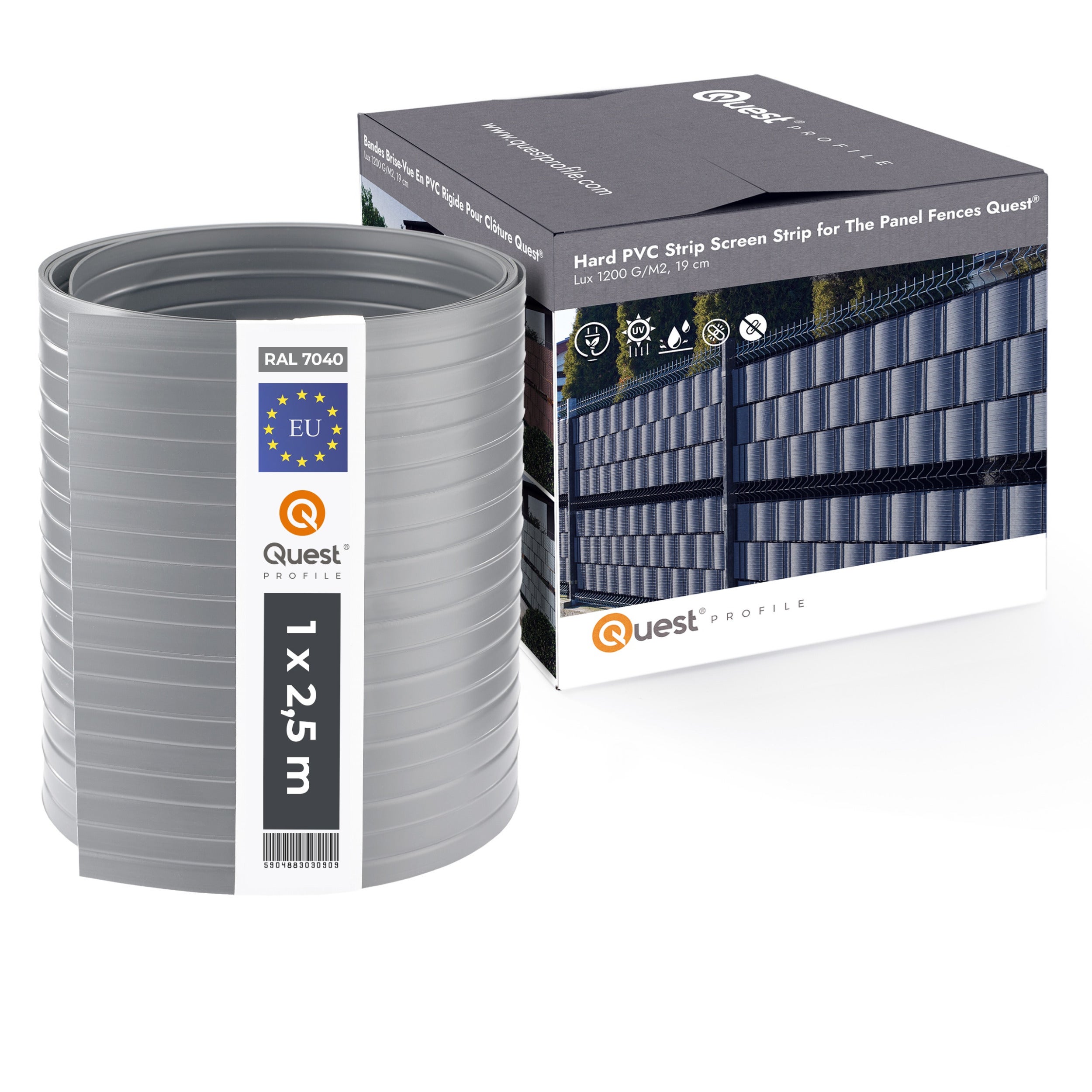 QUEST Taśma ogrodzeniowa PCV 19cm, listwa do ogrodzeń panelowych premium, 900 g/m2, RAL 7040, szary, 2,525 m