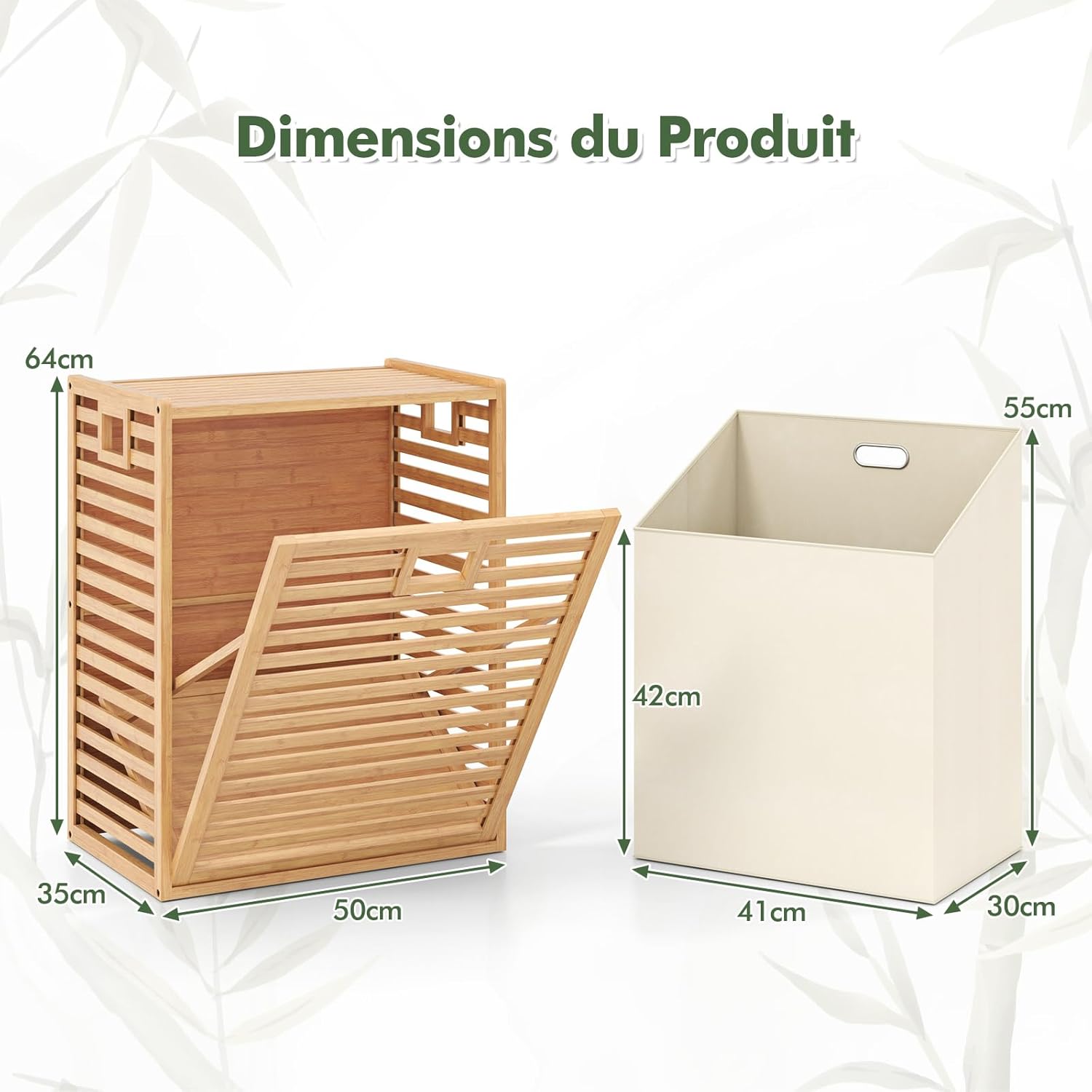 Panier à Linge en Bambou, 2 Compartiment, Meuble Linge Placard 68 L, Panier à Linge Amovible, Sac à Doublure Amovible, Meuble Linge Sale - 9
