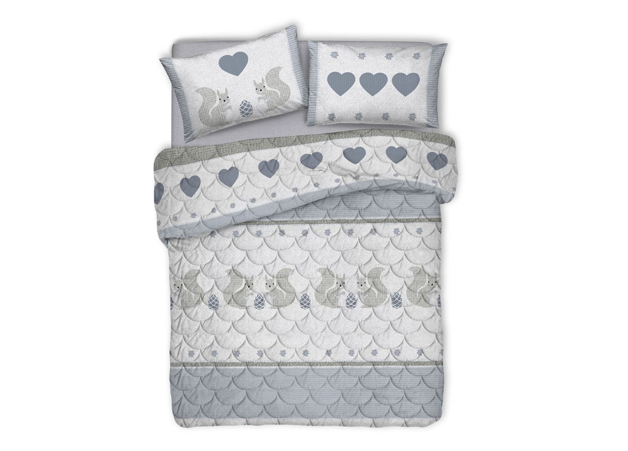 BIANCHERIAWEB Trapunta Invernale 170x280 Cm – Grigia Con Scoiattoli E Cuori – 100% Cotone, Imbottita 300gr/mq – Singolo