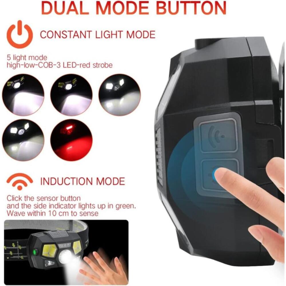 Lot de 2 lampes frontales LED avec détecteur de mouvement rechargeables par USB mains libres étanches pour camping randonnée 800 lumens - 2