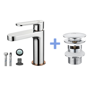Robinet Salle Bain Moderne, Mitigeur Lavabo,Finition or Rose,Chromé+Bonde de Lavabo Bonde Pop-up avec Trop-plein Automatique Universelle