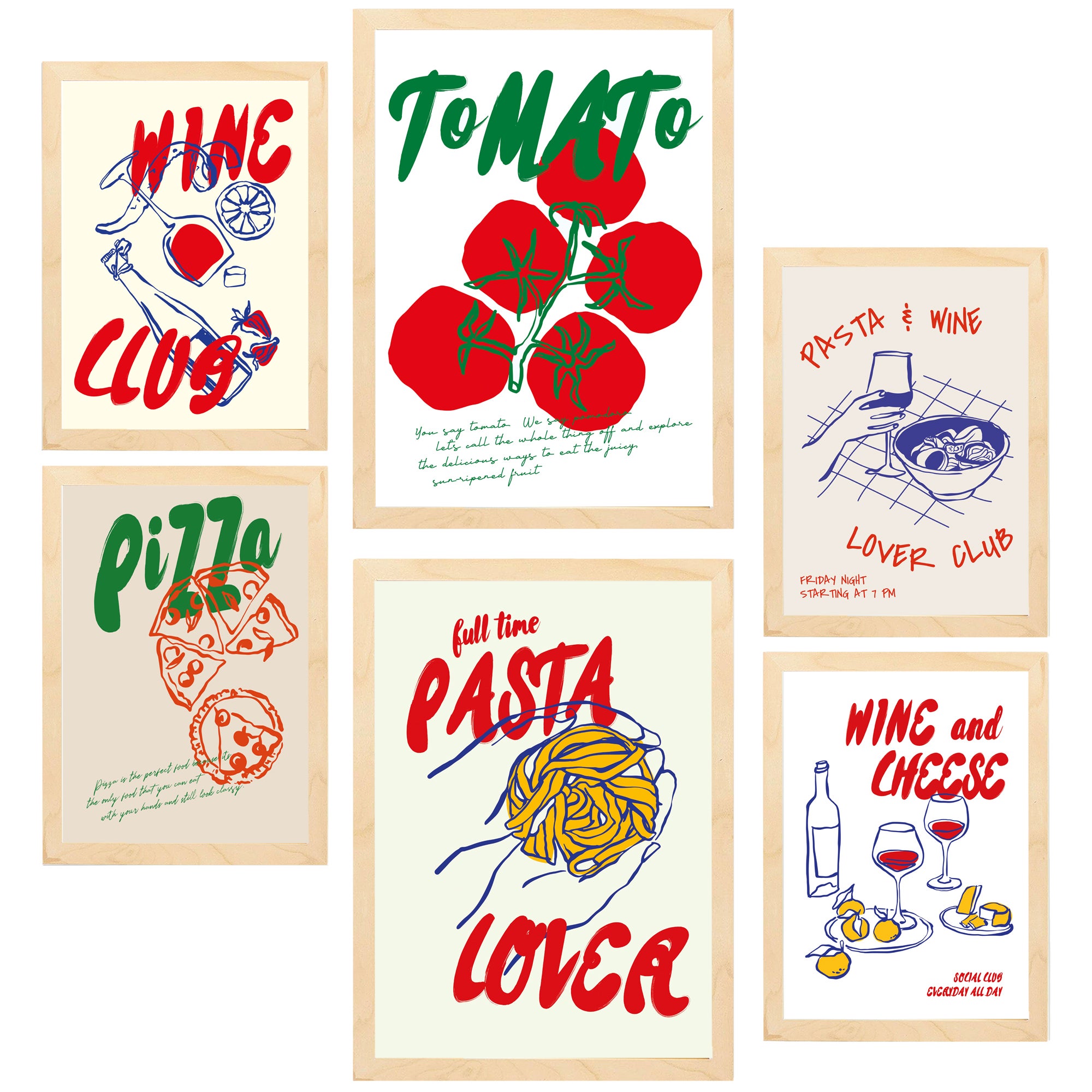 Nacnic set de 6 pósters ilustraciones de alimentos y comida estilo pop art tomate pasta y pizza marco madera clara