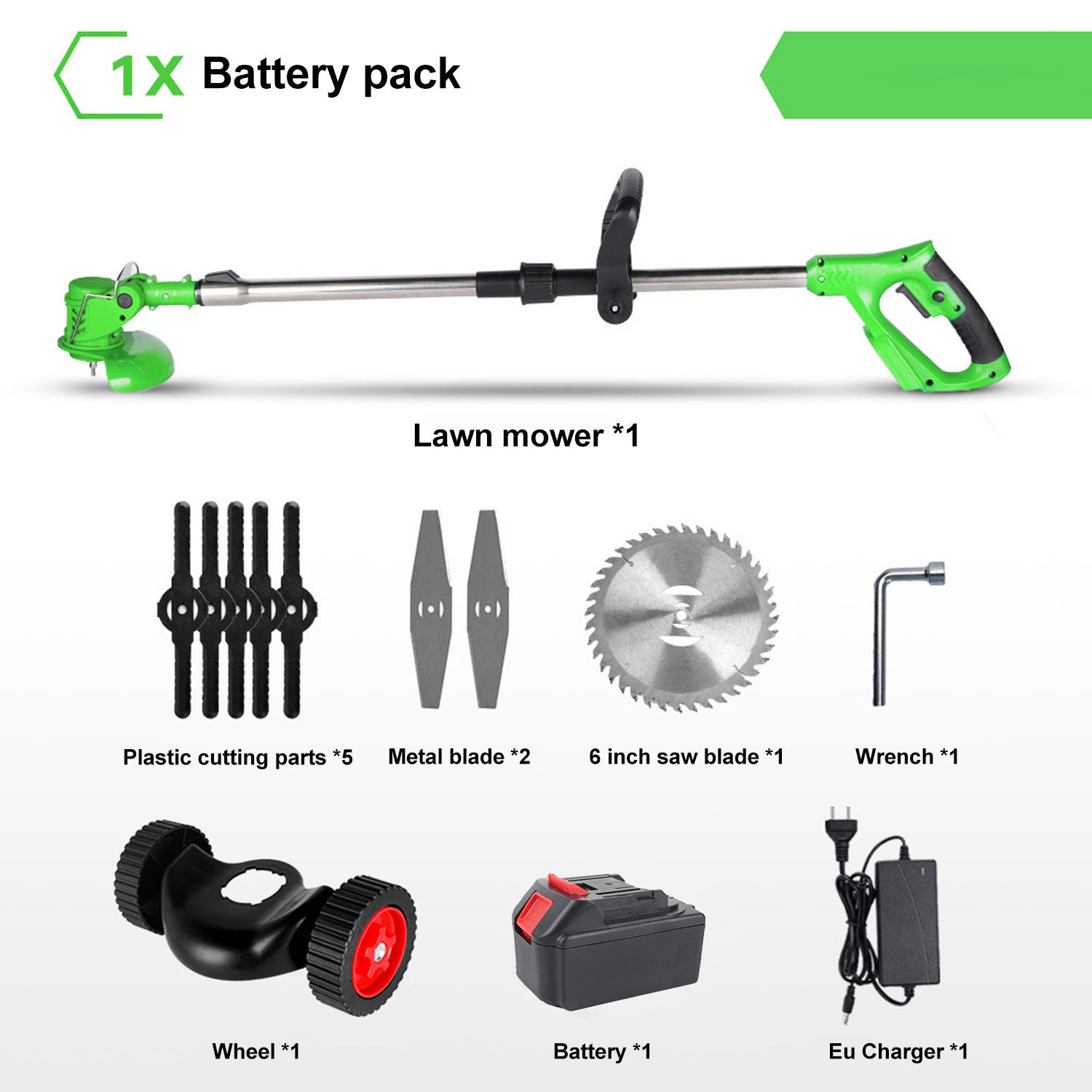 Tondeuse à gazon électrique sans fil 1500W, 12000 tr/min, pliable et réglable, Outils de taille de jardin avec 3 types de lames et 1 batterie - 6