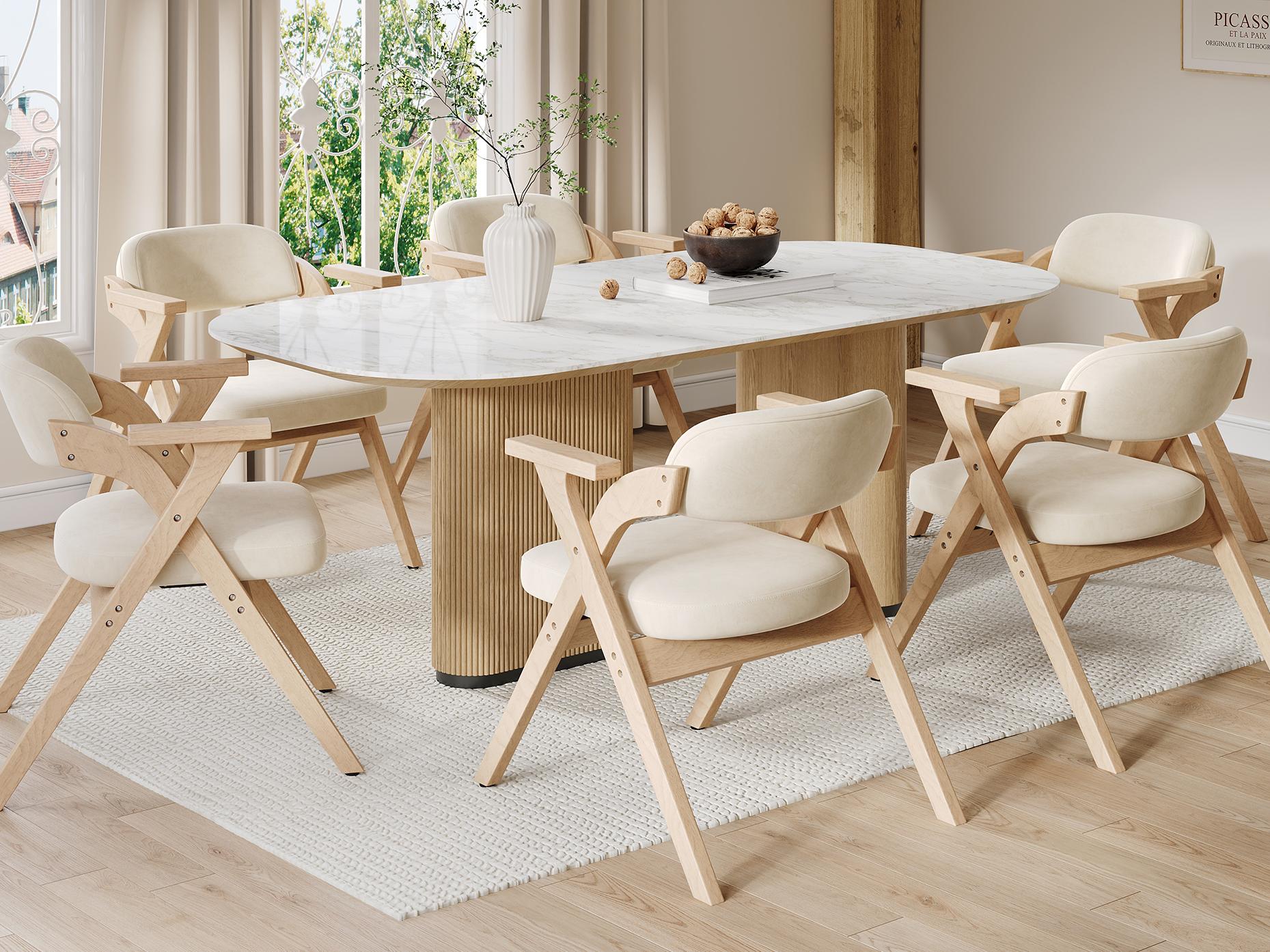 Zestaw 6 krzeseł do jadalni - składane - siedzisko z aksamitu - rama z litego drewna - beżowe