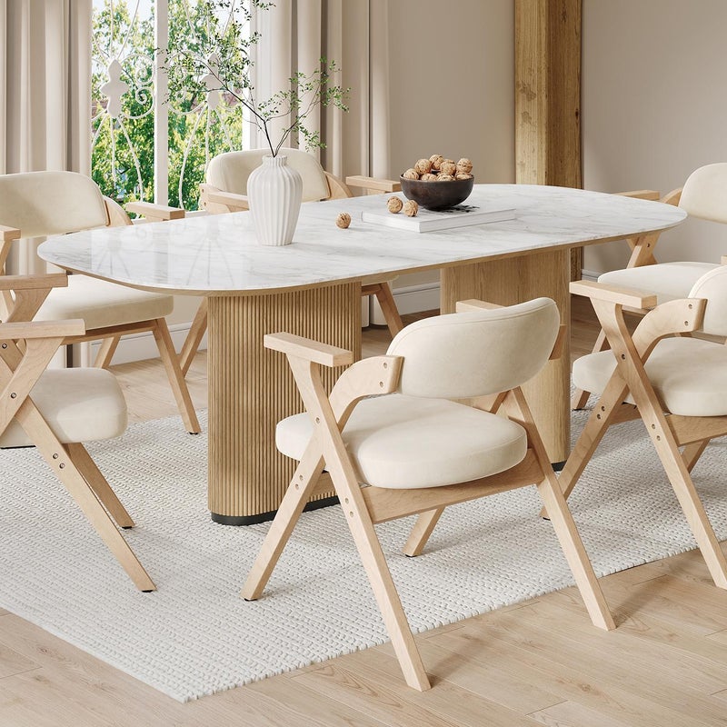 Zestaw 6 krzeseł do jadalni - składane - siedzisko z aksamitu - rama z litego drewna - beżowe