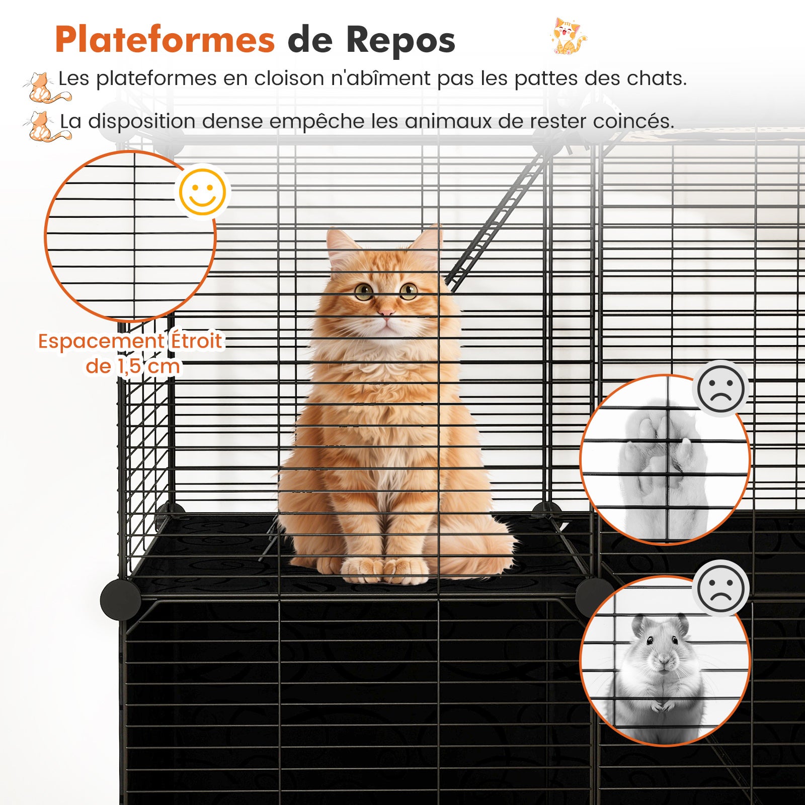 Grand Cage Chat à 3 Niveaux, Enclos pour Chats en Fil Métallique, 3 Portes et 2 Rampes, Cage Modulable DIY, Serrure de Porte, pour Petite Animaux - 5