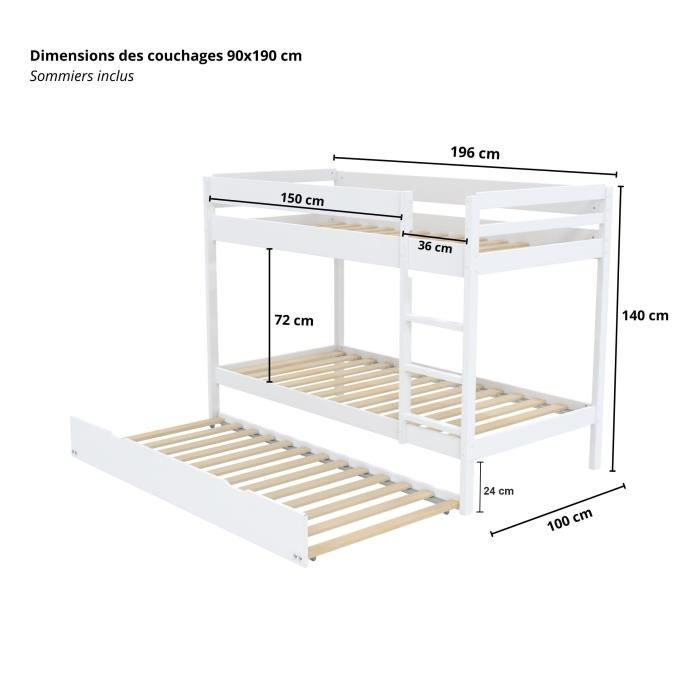 LIT SUPERPOSE WALLY 90x190 + 2 SOMMIERS + 1 LIT TIROIR/ BLANC - 9