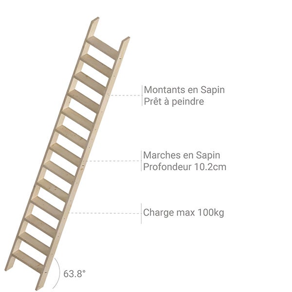 Escalier bois 13 marches - Hauteur à franchir 2.75m - Sans rampes - Largeur 0,50m - COTTAGE-P-275 - 3