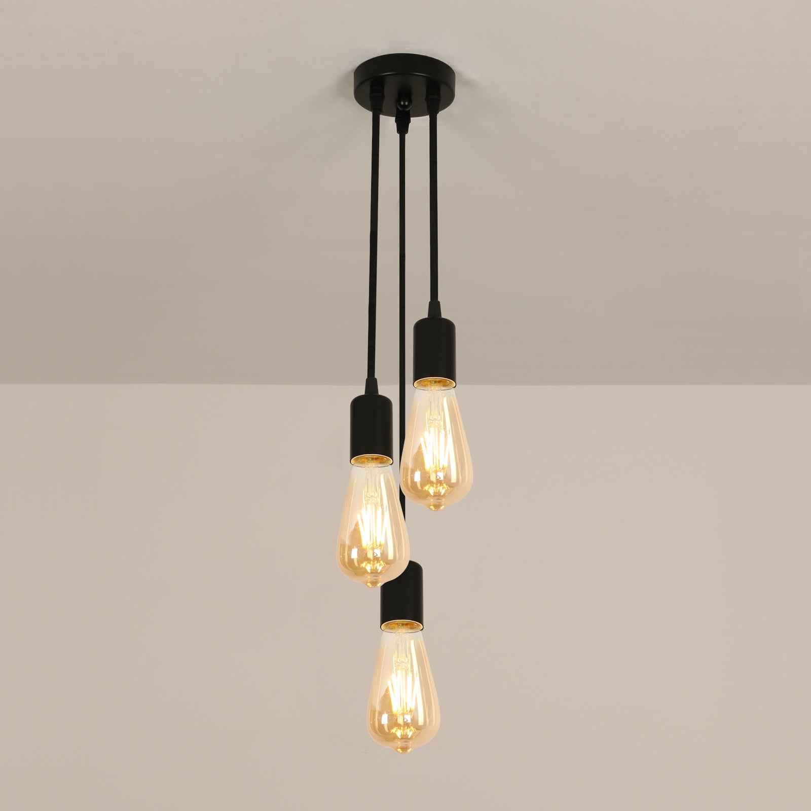 GOECO Lustre Industriel et Vintage 3 douilles Suspension Pour salon chambre à coucher salle à manger bureau Bar Café Noir E27 Base - 7