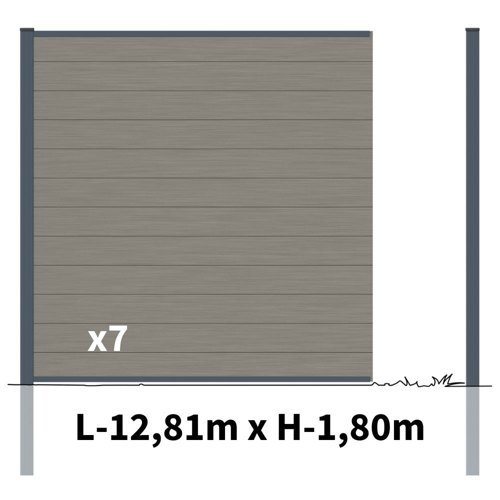 Kit Clôture Bois Composite Platine 13x1,8m RIO - Poteaux en Aluminium Gris - Brise Vue - Palissade - 2