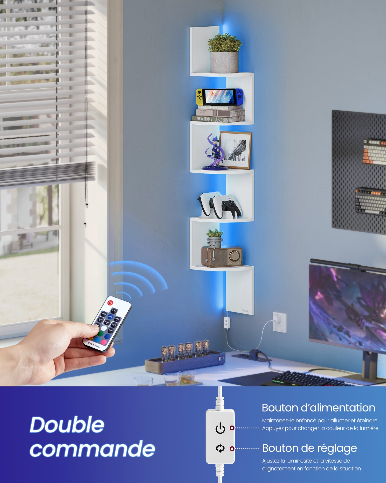 Étagère d’Angle Murale avec Éclairage LED, Bibliothèque Murale à 5 Niveaux, pour Chambre, Salon, Salle de Bain, avec Bouton, Télécommande, Blanc Mat - 4