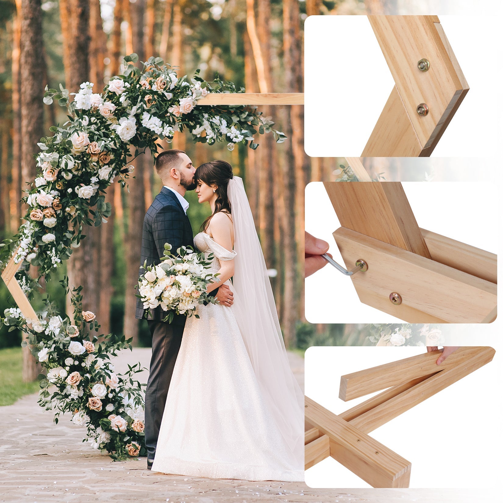 Arche de Mariage en Bois Arc Hexagonal de Fleur Arc de Ballons Anniversaire Photo Cérémonie Décoration de Photographie Fête - 5