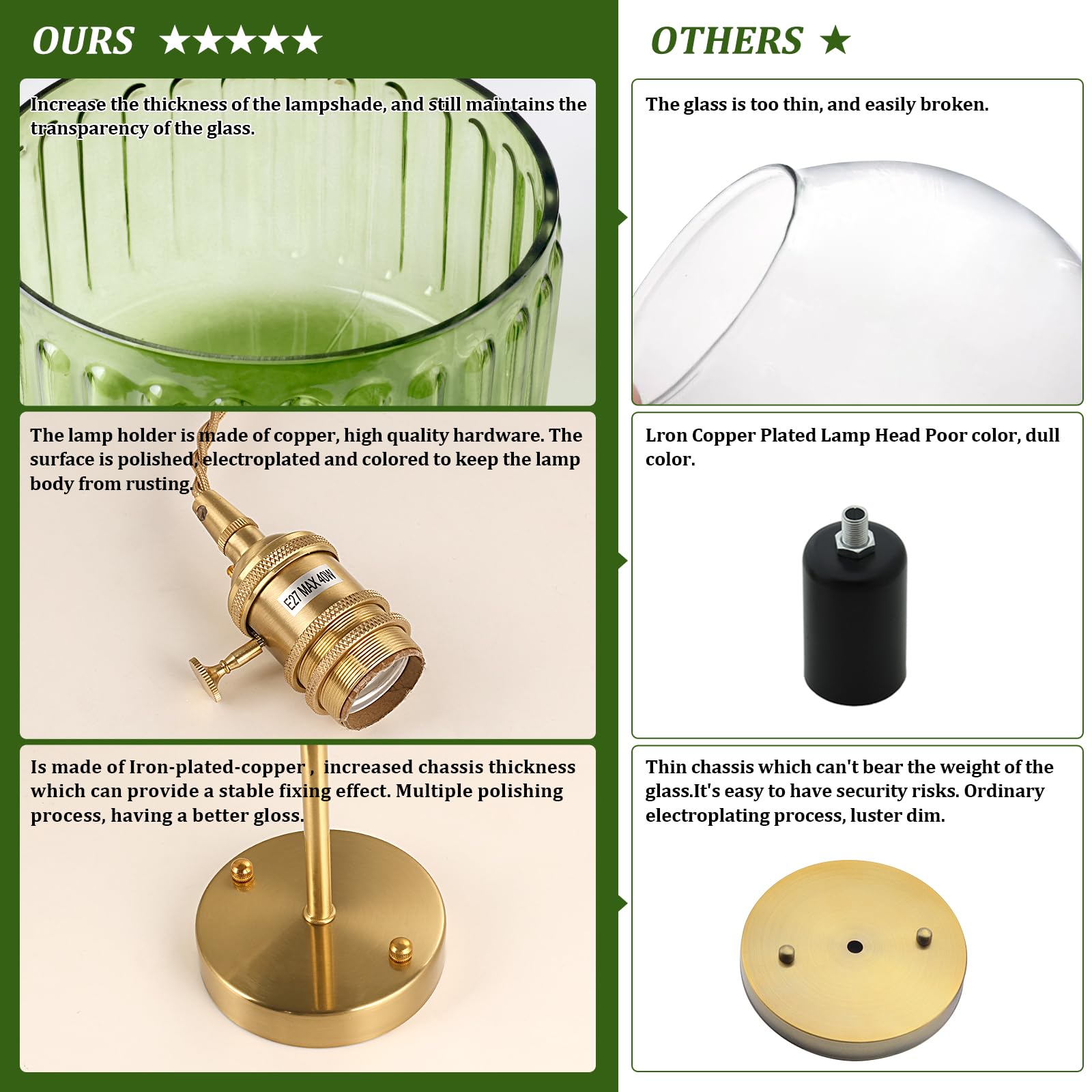 Applique murale à rayures vertes - Chaîne réglable, idéale pour le salon et l'entrée, décoration vintage, lumière chaude - 3