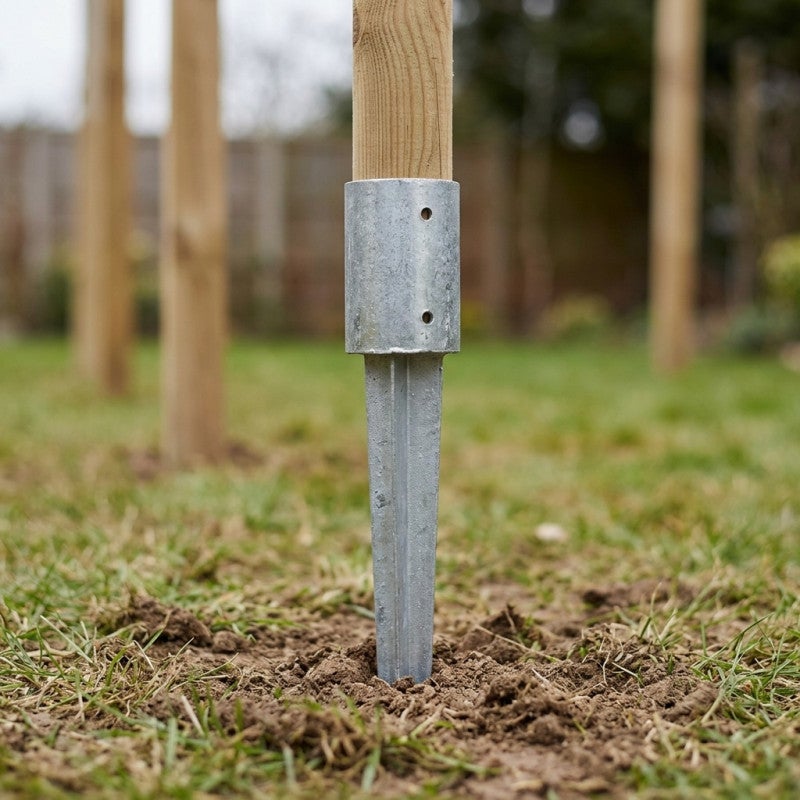 Support de poteau en bois Ø 10 cm/90 cm | Piquet rond en acier galvanisé | Ancrages à enfoncer dans les bases de poteaux en bois - 4