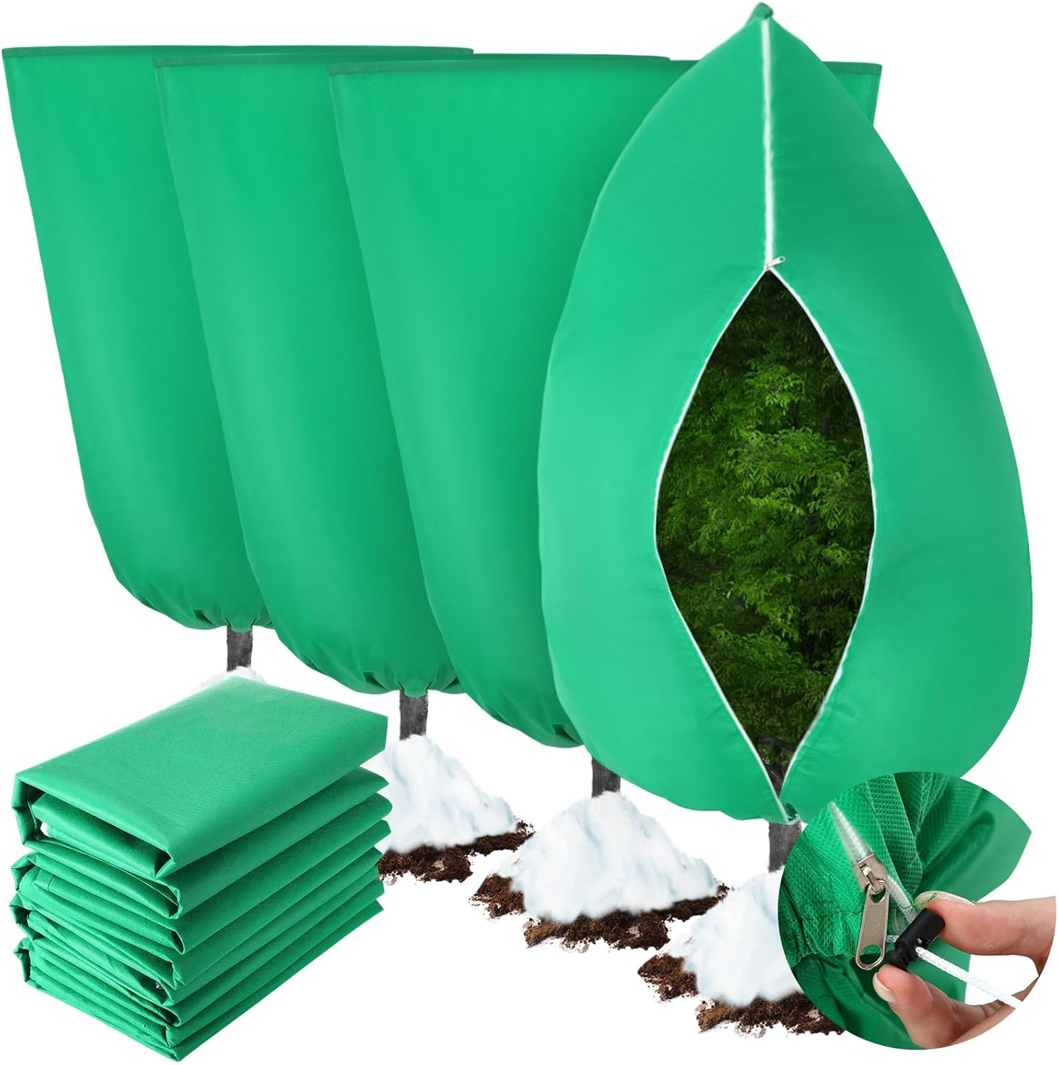 Osłony roślin na zimę - z zamkiem błyskawicznym i sznurkiem - Chroń rośliny zimą - Opakowanie 4 szt., zielone, 60 x 80 cm