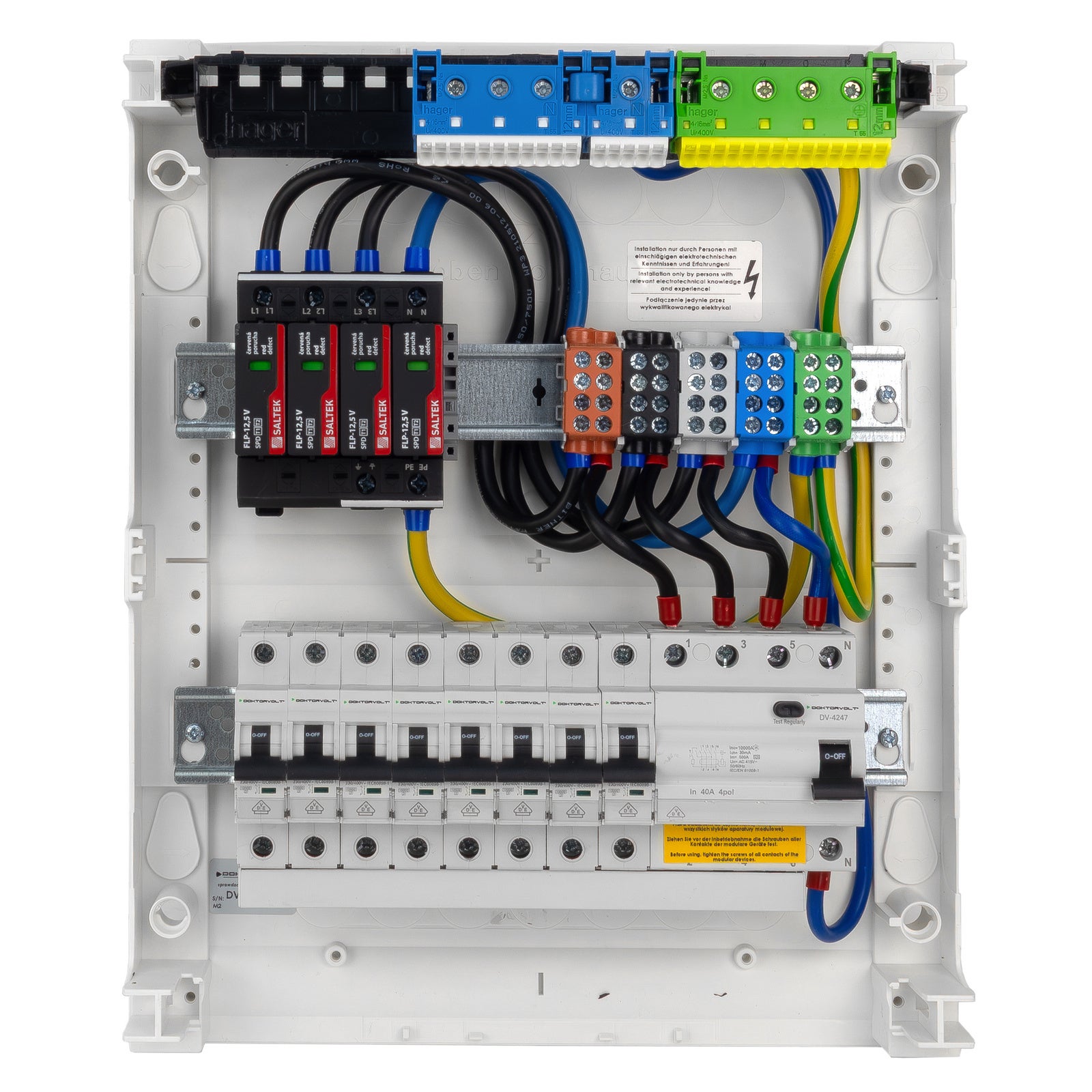 Rozdzielnica modułowa natynkowa 2x12 zabezpieczona 8xMCB 1xRCCB VDE Hager 370x305x96,5mm zaciski rozgałęźne L1, L2, L3, N, PE Doktorvolt DV-6302-NT