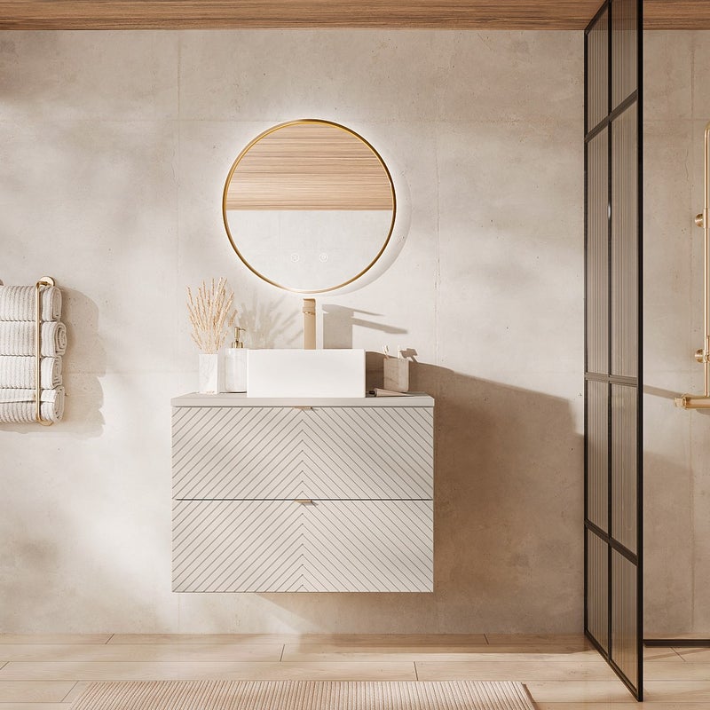 Szafka łazienkowa wisząca z kwadratową umywalką nablatową – beż – 80 cm – DORIONI