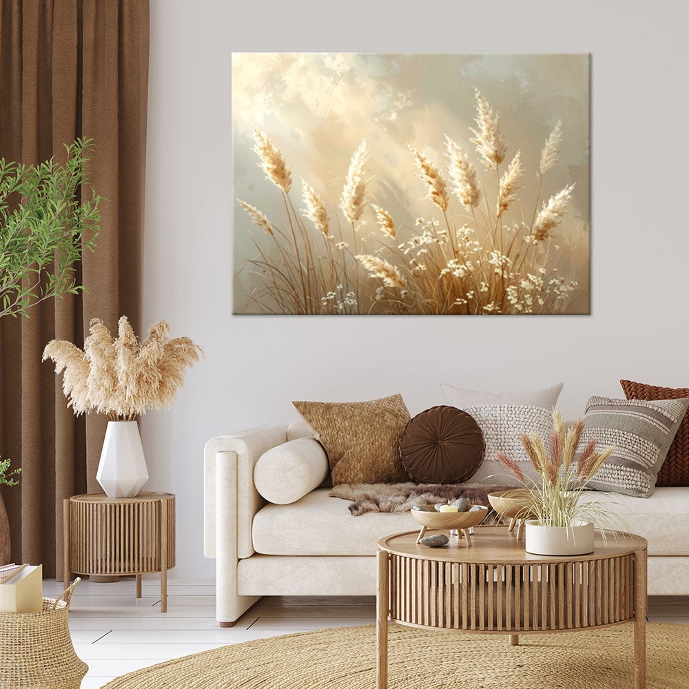 Obraz do salonu sypialni kuchni biura,Trawy rośliny natura w stylu boho beżowy 90x60