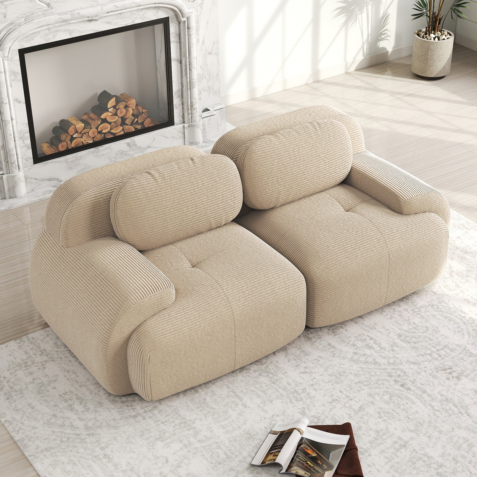 Canapé modulaire d'angle sans cadre avec accoudoirs incurvés et base antidérapante en velours côtelé beige - OKMYHOME - 2