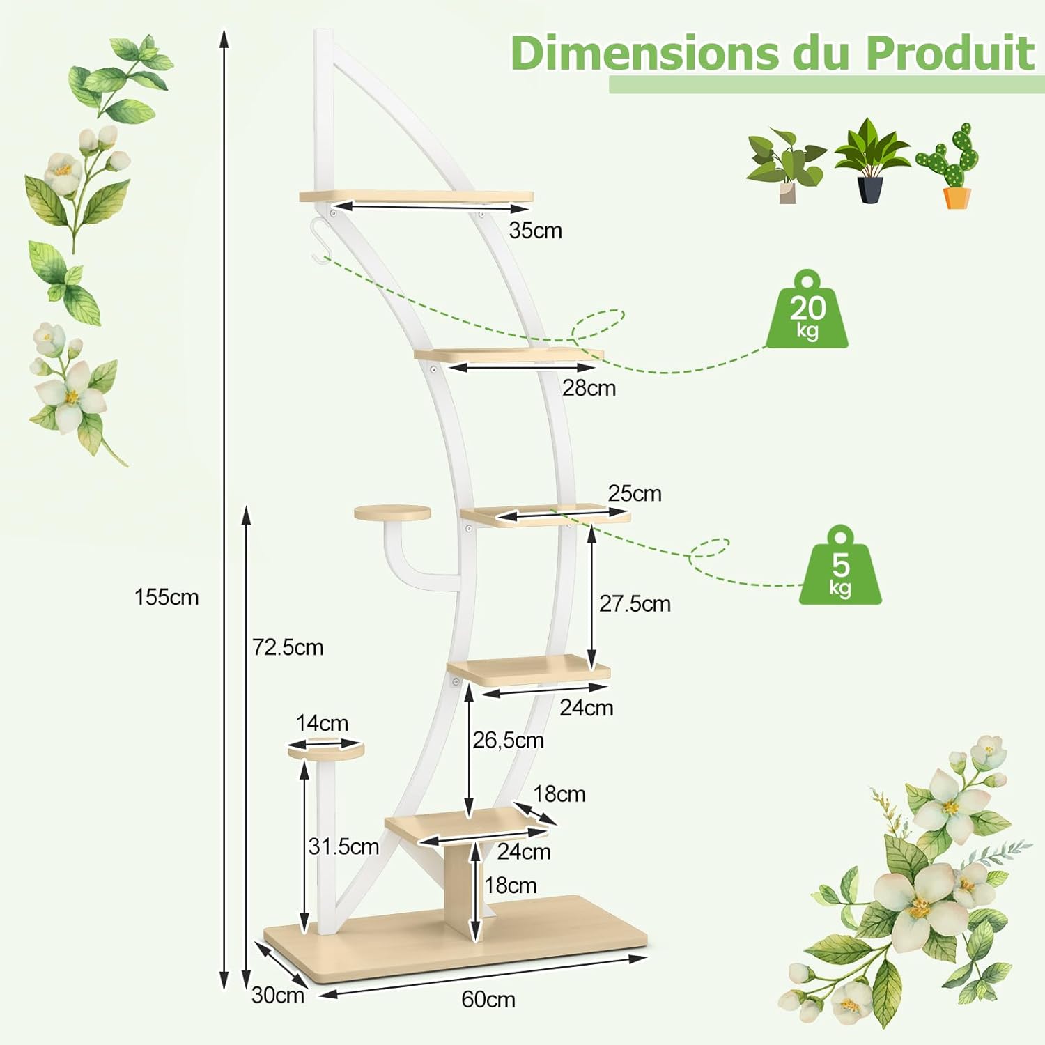 Support pour Plantes en Métal 7 Niveaux, étagère à Fleurs en Forme de Demi-lune avec Crochet, 60 x 30 x 155 CM,Blanc - 3