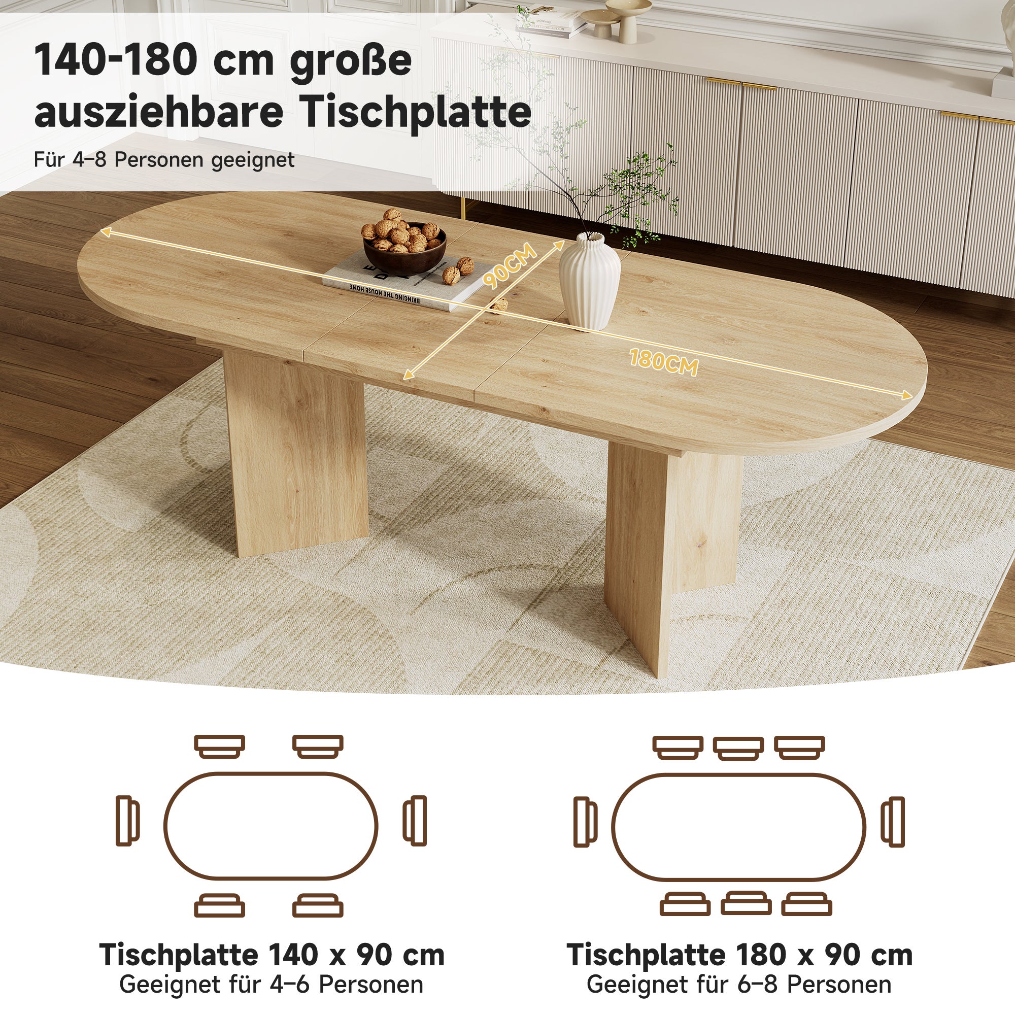 Mesa de comedor extensible de 6 a 8 cubiertos - 140/180 x 90 x 75 cm - Esquinas redondeadas y tablero grueso - MDF - Roble - 7