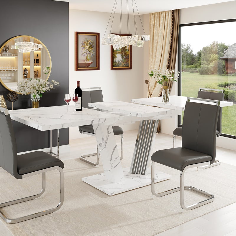 Rozkładany stół jadalny 120/160 x 80 x 76 cm - 6 miejsc - Regulowane nogi - Płyta MDF + metal - Styl skandynawski - Biały