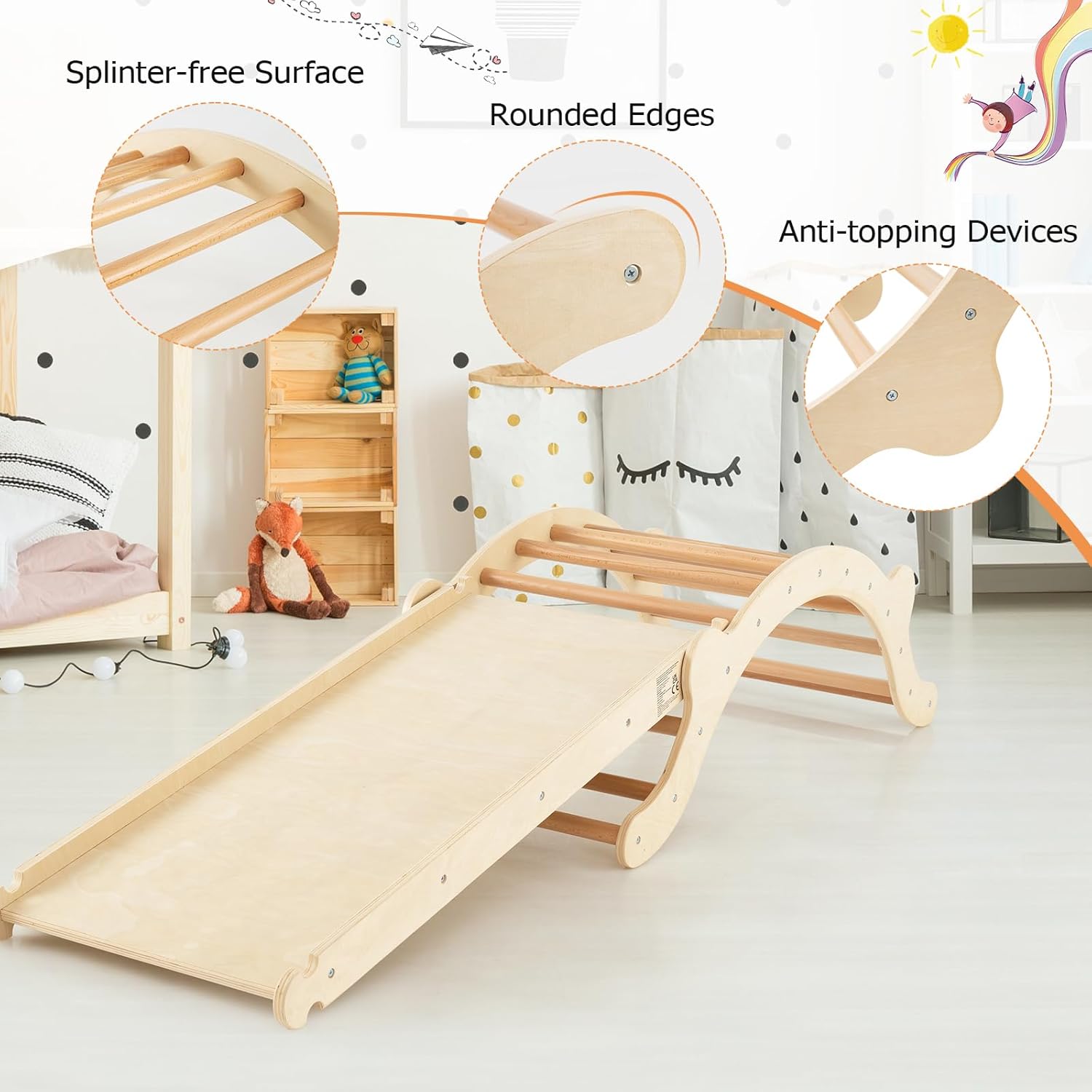 4 en 1 Arche d’Escalade Montessori Enfant Bois avec Toboggan Ajustable en Bois, avec Coussin Charge 60KG pour Bébé 1 an+ (Naturel Plus) - 6