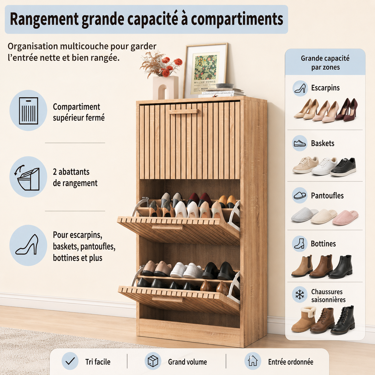 Meuble à chaussures avec 3 abattants avec portes à lamelles, armoire à chaussures slim anti-basculement pour 16 à 24 paires, 60 x 24 x 113. - 3