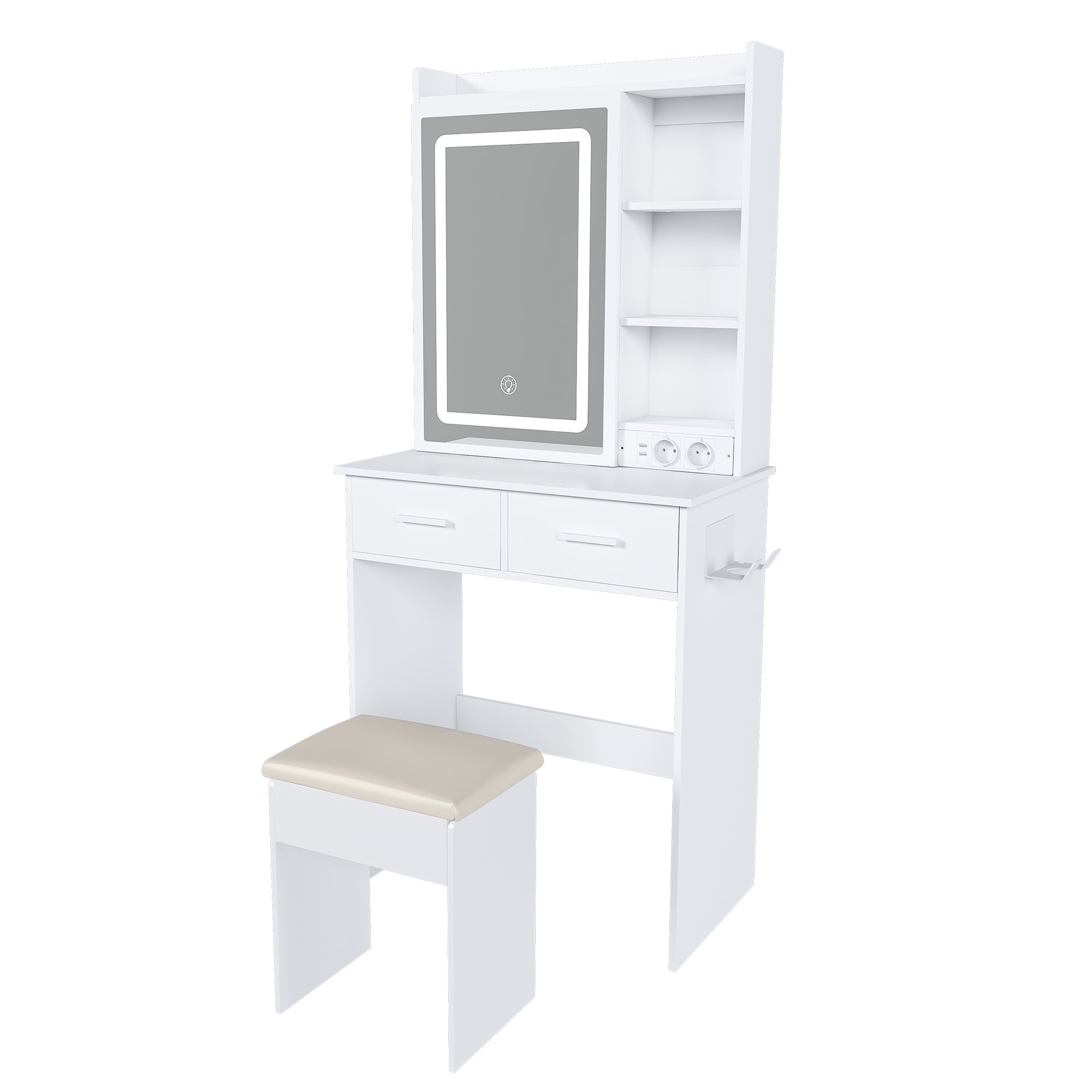 Petite coiffeuse blanche avec éclairage LED réglable, tabouret et rangements. Idéale pour les petites chambres. Dimensions&nbsp;: 60&nbsp;×&nbsp;136&nbsp;×&nbsp;36&nbsp;cm. - 3
